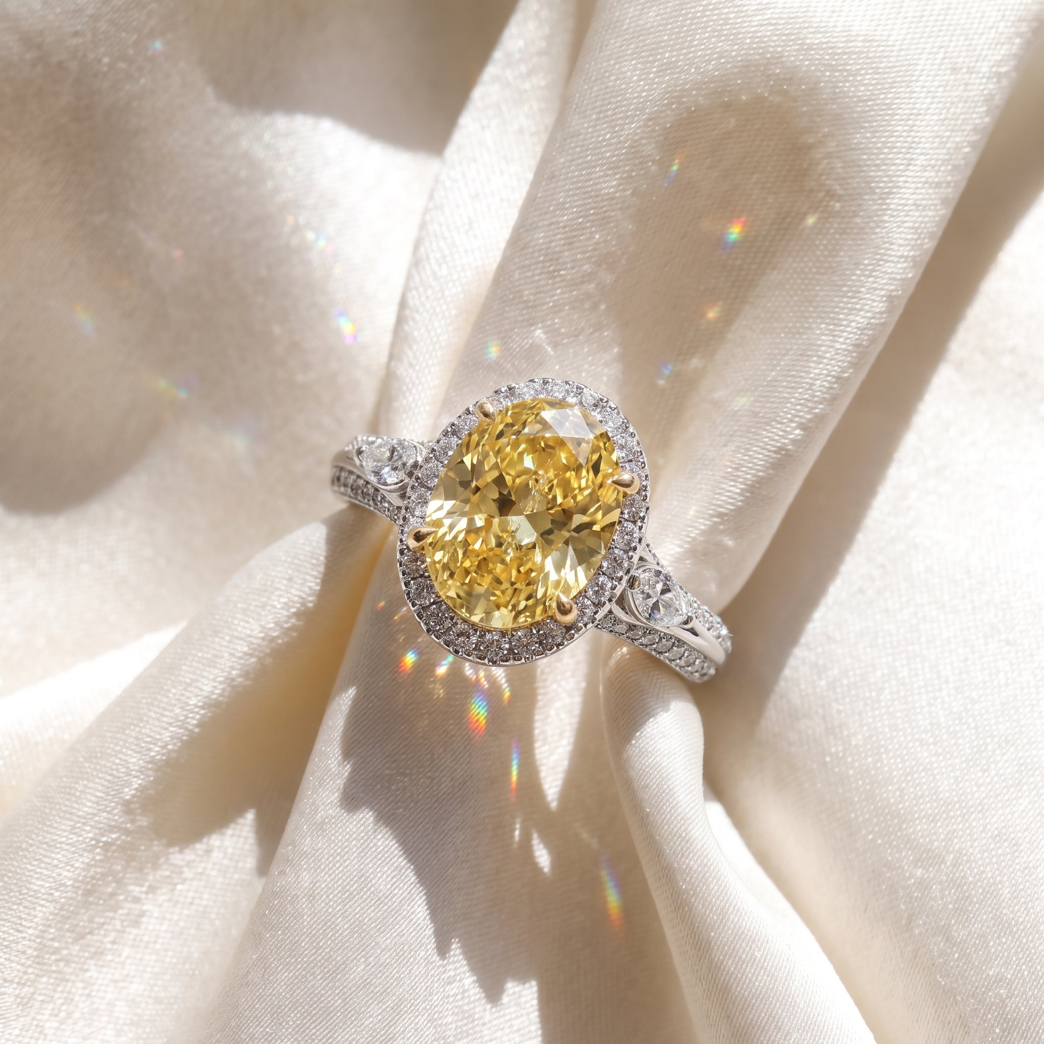 3Cttw Oval Shaped Yellow Lab Grown Diamond (F/VS) Three Stone Halo Enagement Ring 14K Gold