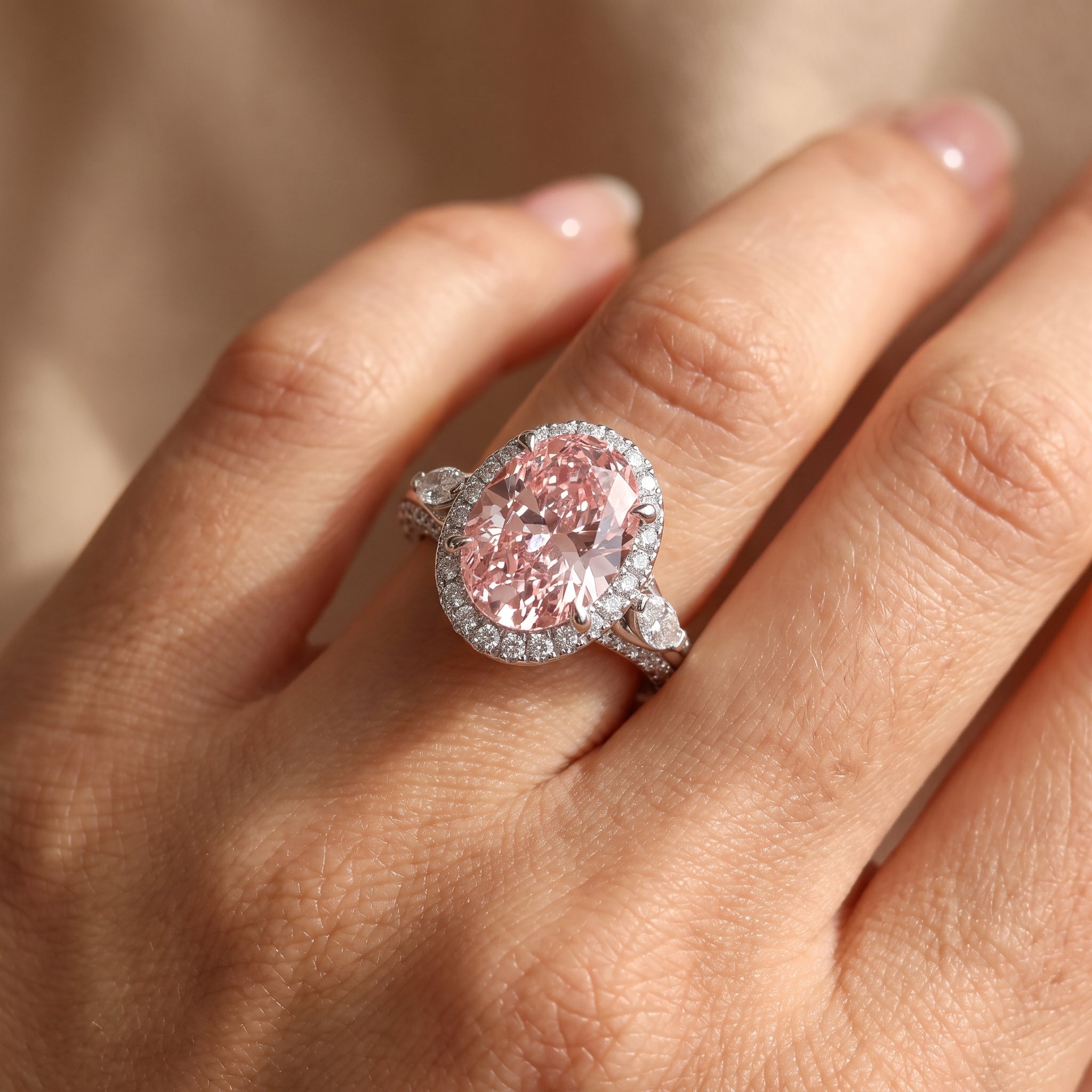 3Cttw Oval Shaped Pink Lab Grown Diamond (F/VS) Three Stone Halo Enagement Ring 14K Gold