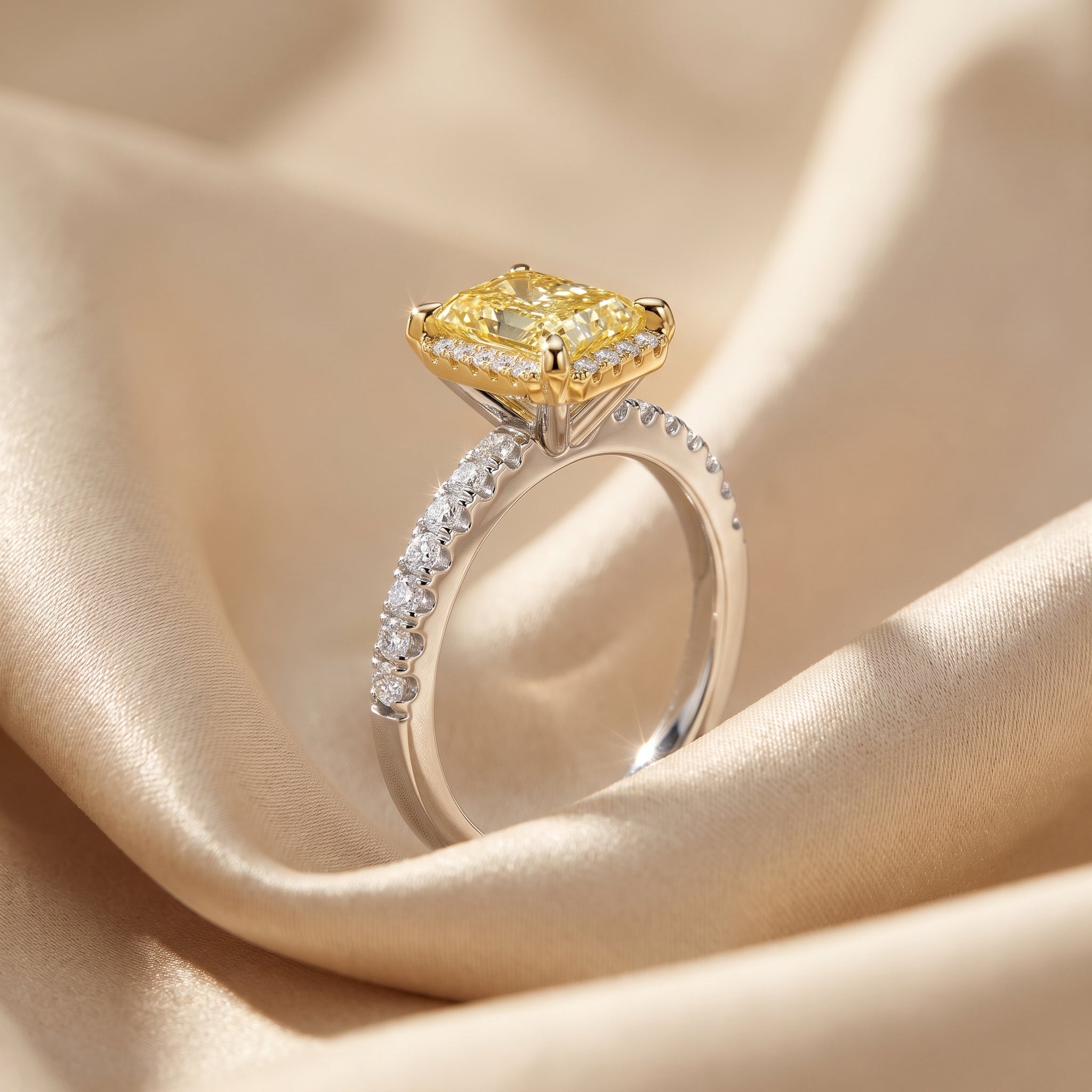 2Cttw Radiant Shaped Yellow Lab Grown Diamond (F/VS) Halo Accented Engagement Ring 14K Gold