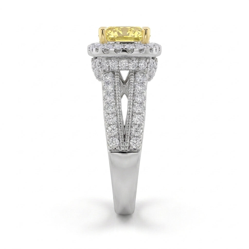 2.5Cttw Radiant Shaped Fancy Yellow Lab Grown Diamond (F/VS) Split Shank Engagement Halo Ring 14K Gold