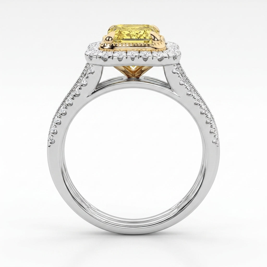 2.5Cttw Radiant Shaped Fancy Yellow Lab Grown Diamond (F/VS) Split Shank Engagement Halo Ring 14K Gold