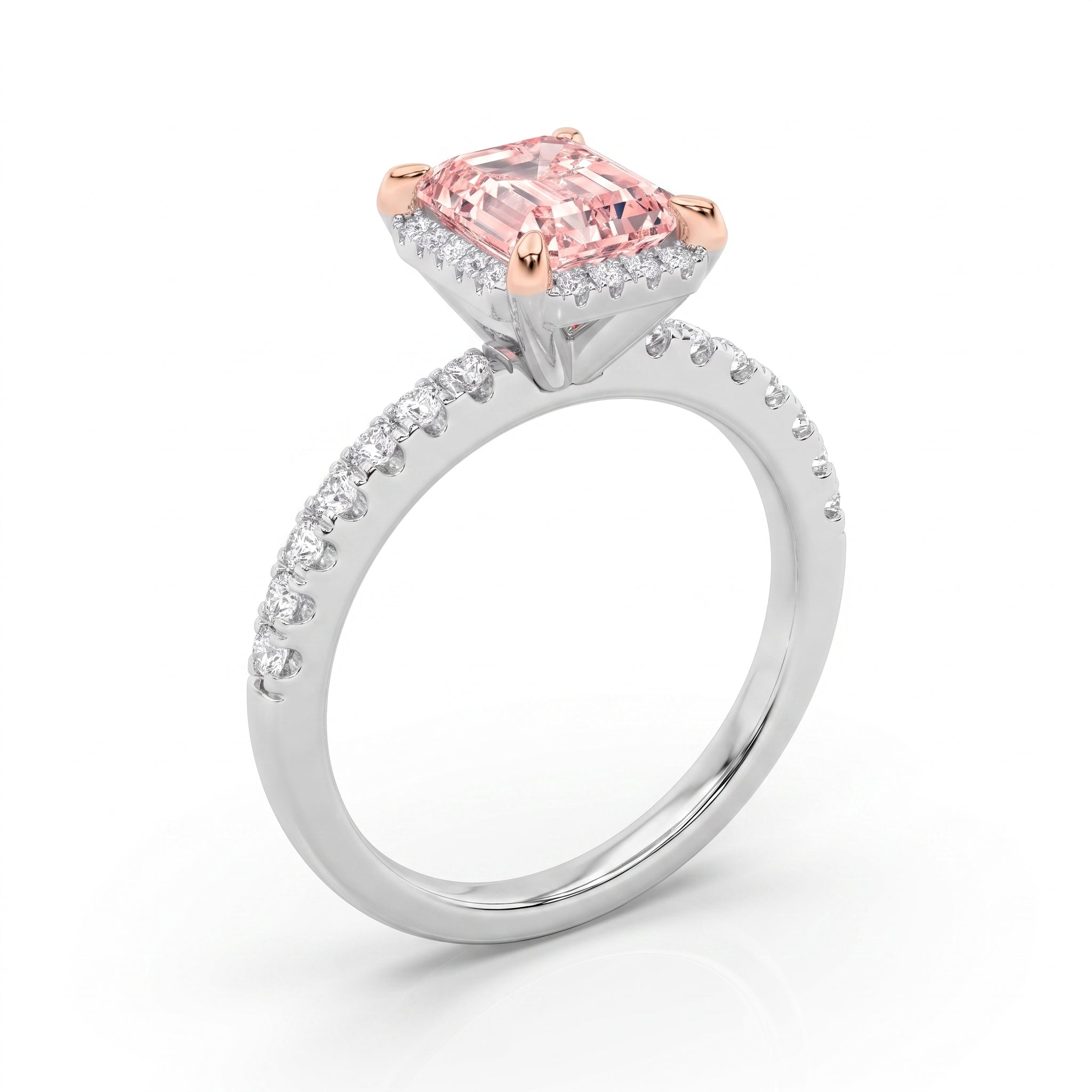 2Cttw Emerald Shaped Pink Lab Grown Diamond (F/VS) Halo Accented Engagement Ring 14K Gold
