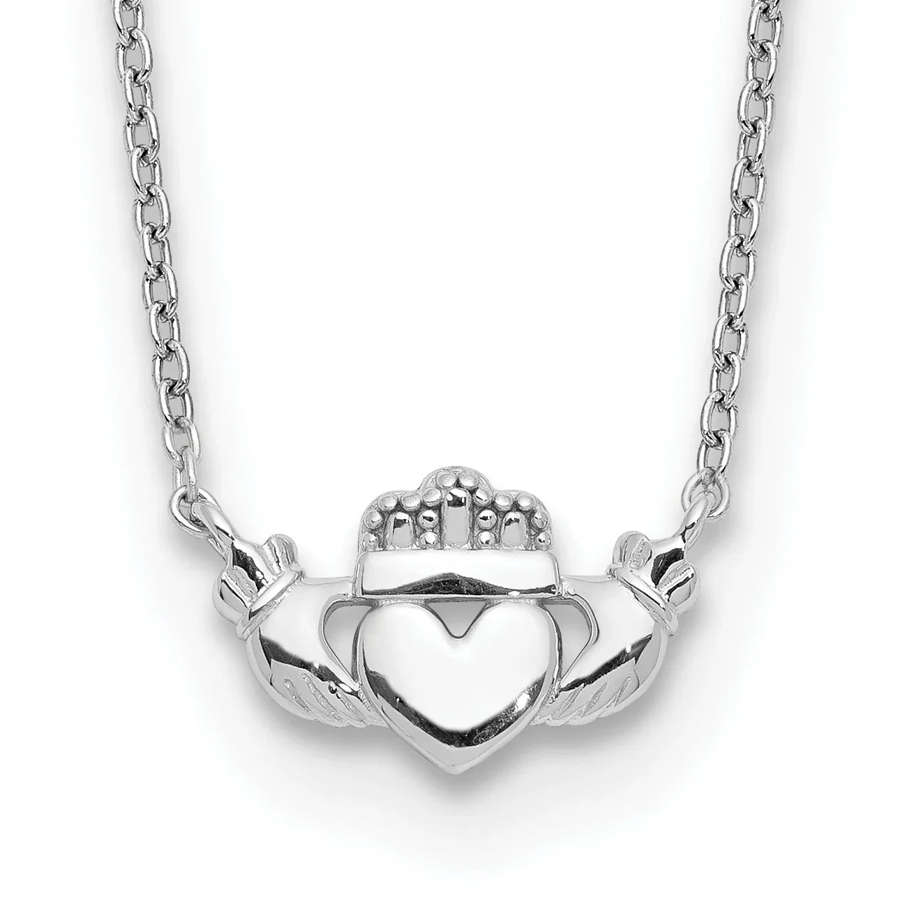 14k White Gold Claddagh Necklace Fine Color Jewels 14k gold claddagh necklace, claddagh gold necklace, claddagh necklace, claddagh pendant, claddagh pendant gold, gold claddagh cross necklace, gold claddagh necklace, irish claddagh necklace, irish claddagh necklace gold, QG, white gold claddagh necklace