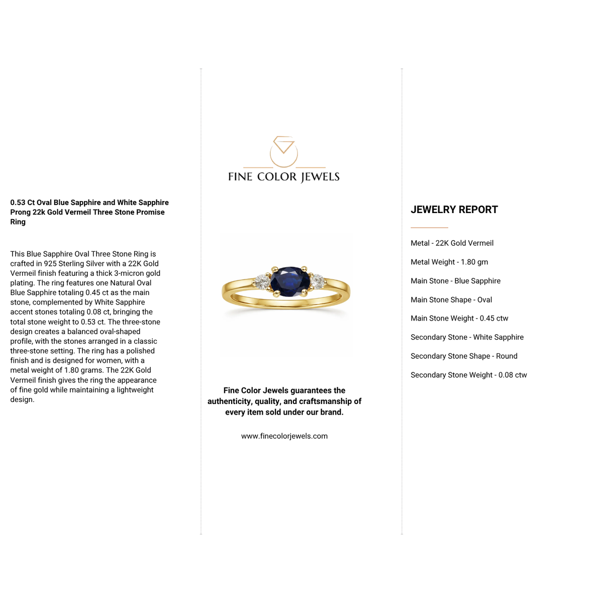 0.53 Ct Oval Blue Sapphire and White Sapphire Prong 22k Gold Vermeil Three Stone Promise Ring