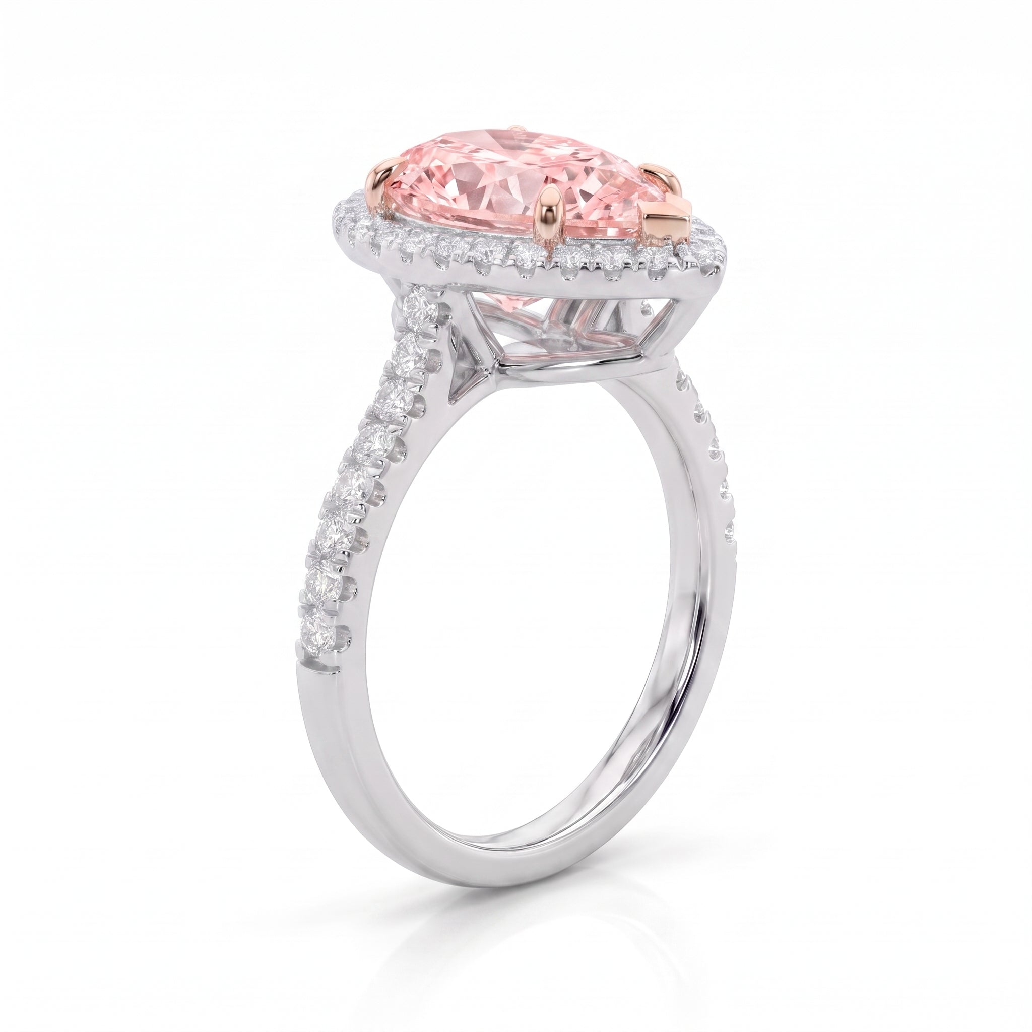 3Cttw Pear Shaped Pink Lab Grown Diamond (F/VS) Bold Accented Halo Engagement Ring 14K Gold