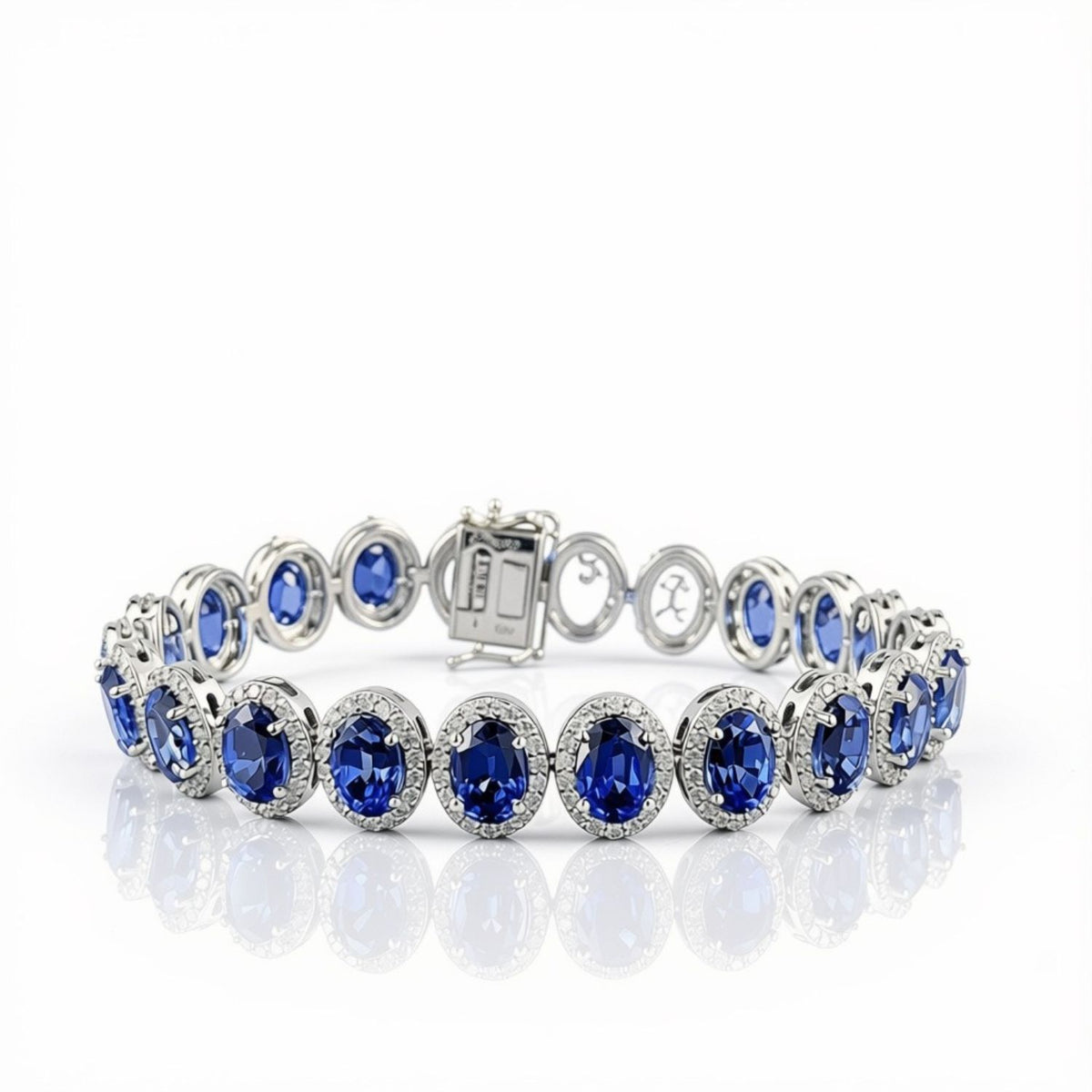 Lab Grown Oval Blue Sapphire Bracelet 14K White Gold