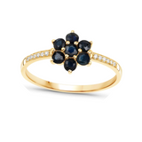 10K Yellow Gold Blue Sapphire Floral Ring with White Diamonds