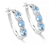 Genuine Blue Aquamarine and Diamond Hoops Earrings