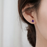 model showcasing the Purple Round Cut Amethyst Earring For Women Solitaire Stud Earring Sterling Silver Earrings