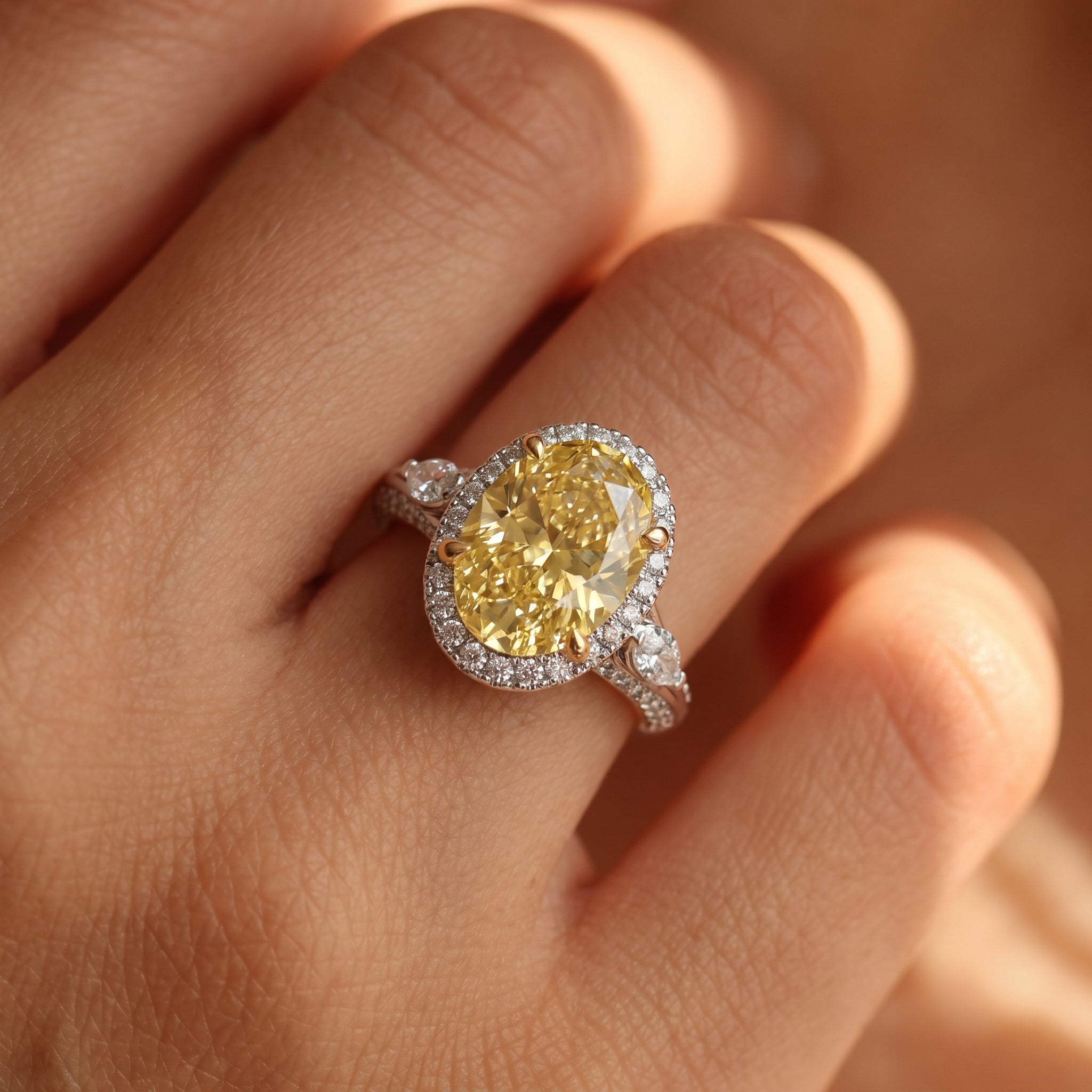 3Cttw Oval Shaped Yellow Lab Grown Diamond (F/VS) Three Stone Halo Enagement Ring 14K Gold