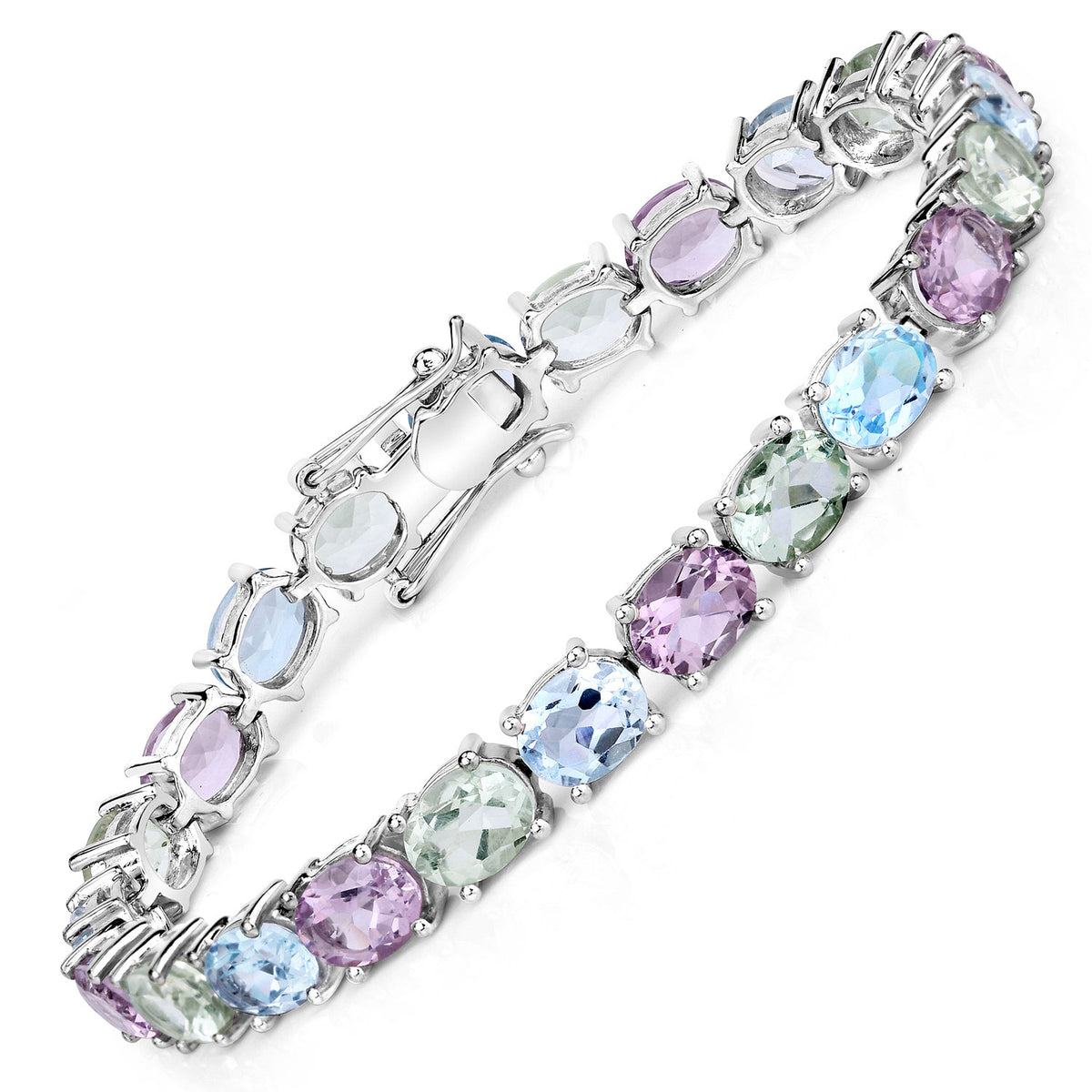 29.20 Cttw Oval Green Multi Stones Rhodium over Silver Tennis Bracelet