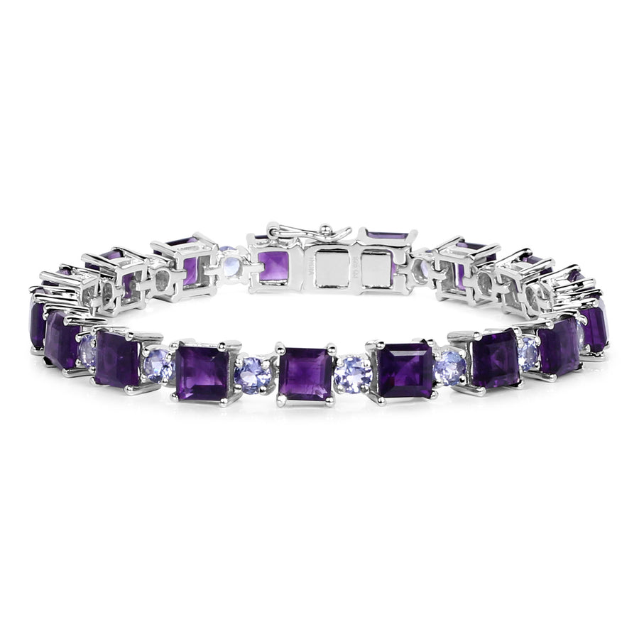 20.91 Cttw Square Purple Amethyst and Tanzanite Rhodium over Silver Bracelet