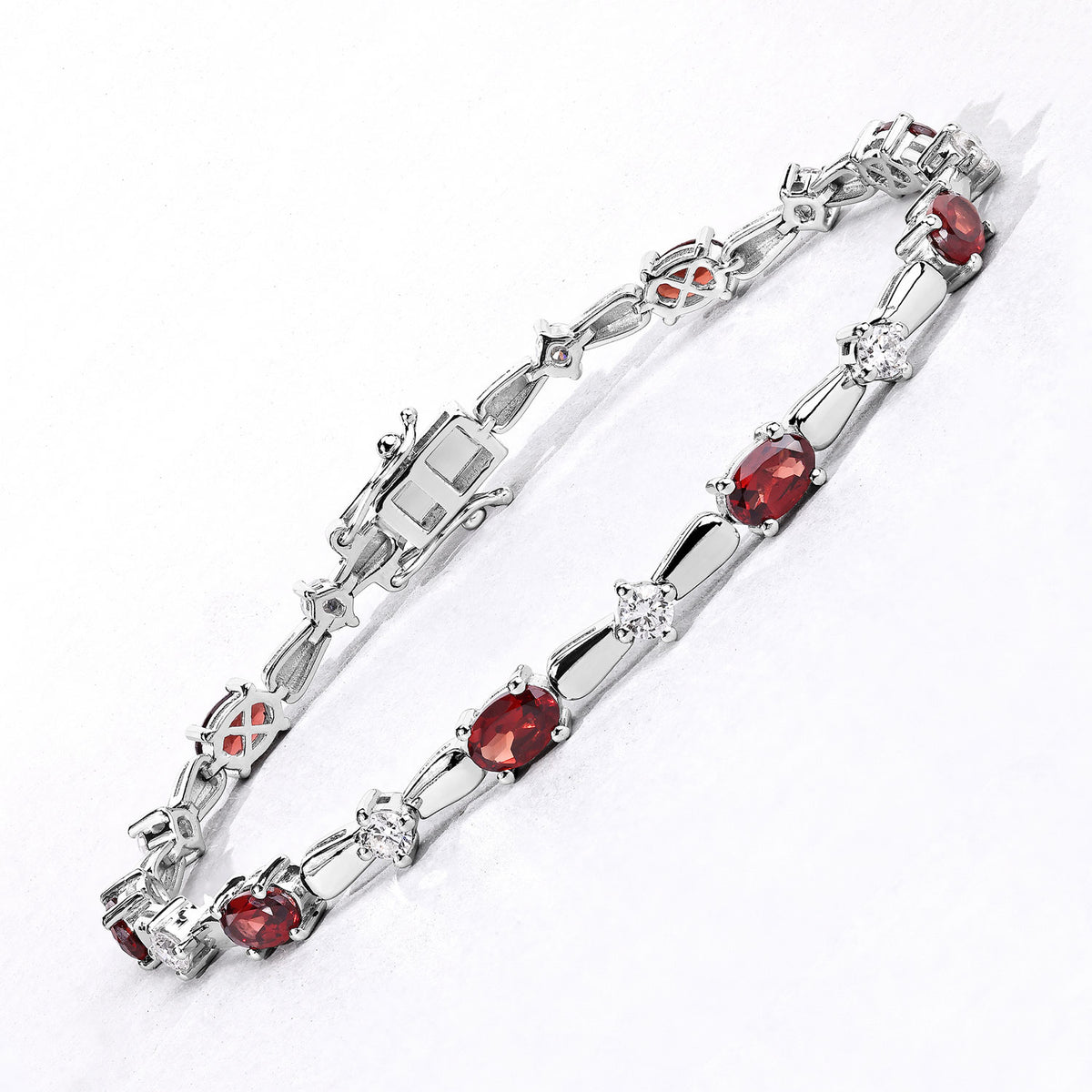 5.05 Cttw Oval Red Garnet and Lab Diamond Rhodium over Silver Tennis Bracelet