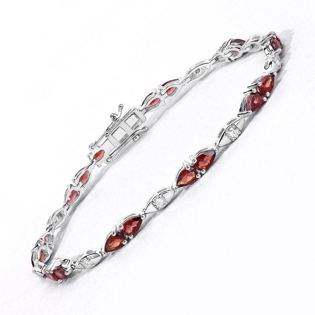5.20 Cttw Pear Red Garnet and Lab Grown Diamond Rhodium over Silver Tennis Bracelet