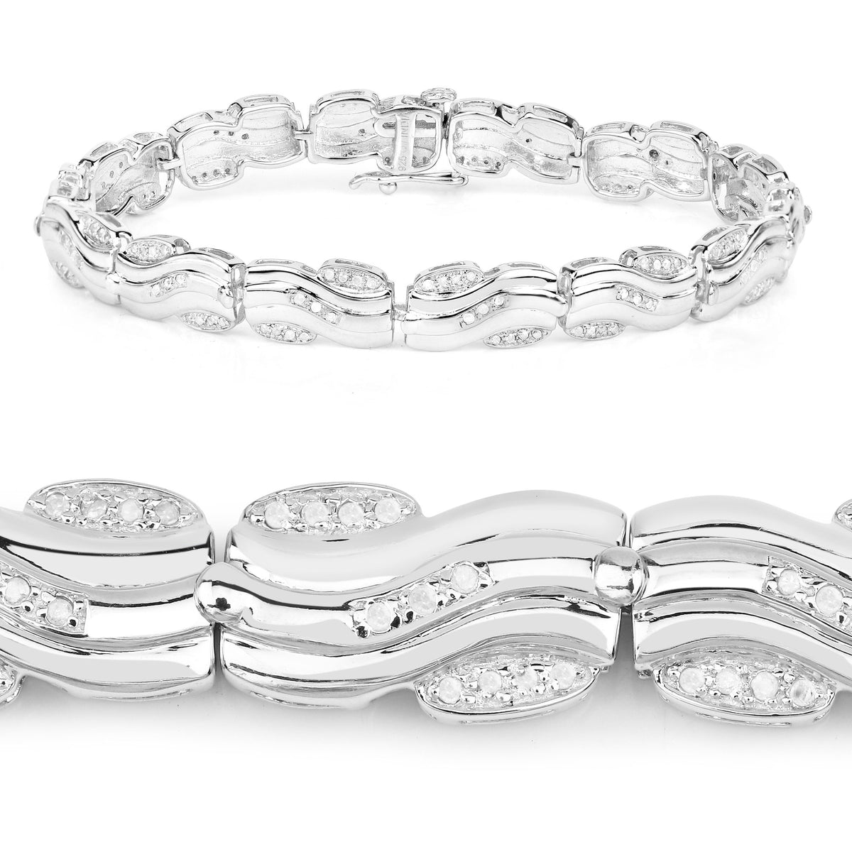 0.84 Cttw Round Diamond 14K White Gold Plated Silver Wave Link Bracelet