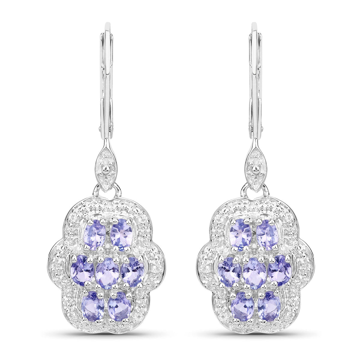 2.44 Cttw Oval Violet Tanzanite Halo Rhodium over Silver Leverback Drop Dangle Earrings