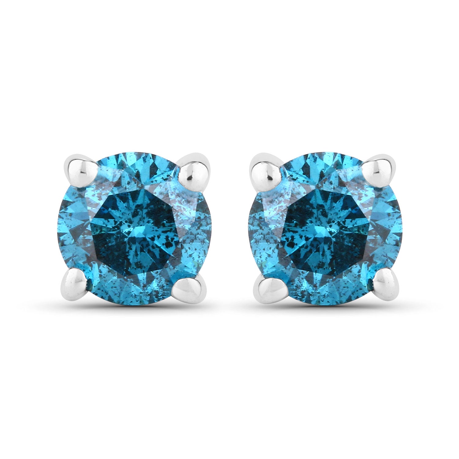 0.57 Cttw Round Teal Blue Diamond Rhodium Plated Silver Stud Earrings