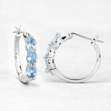 Genuine Blue Aquamarine and Diamond Hoops Earrings