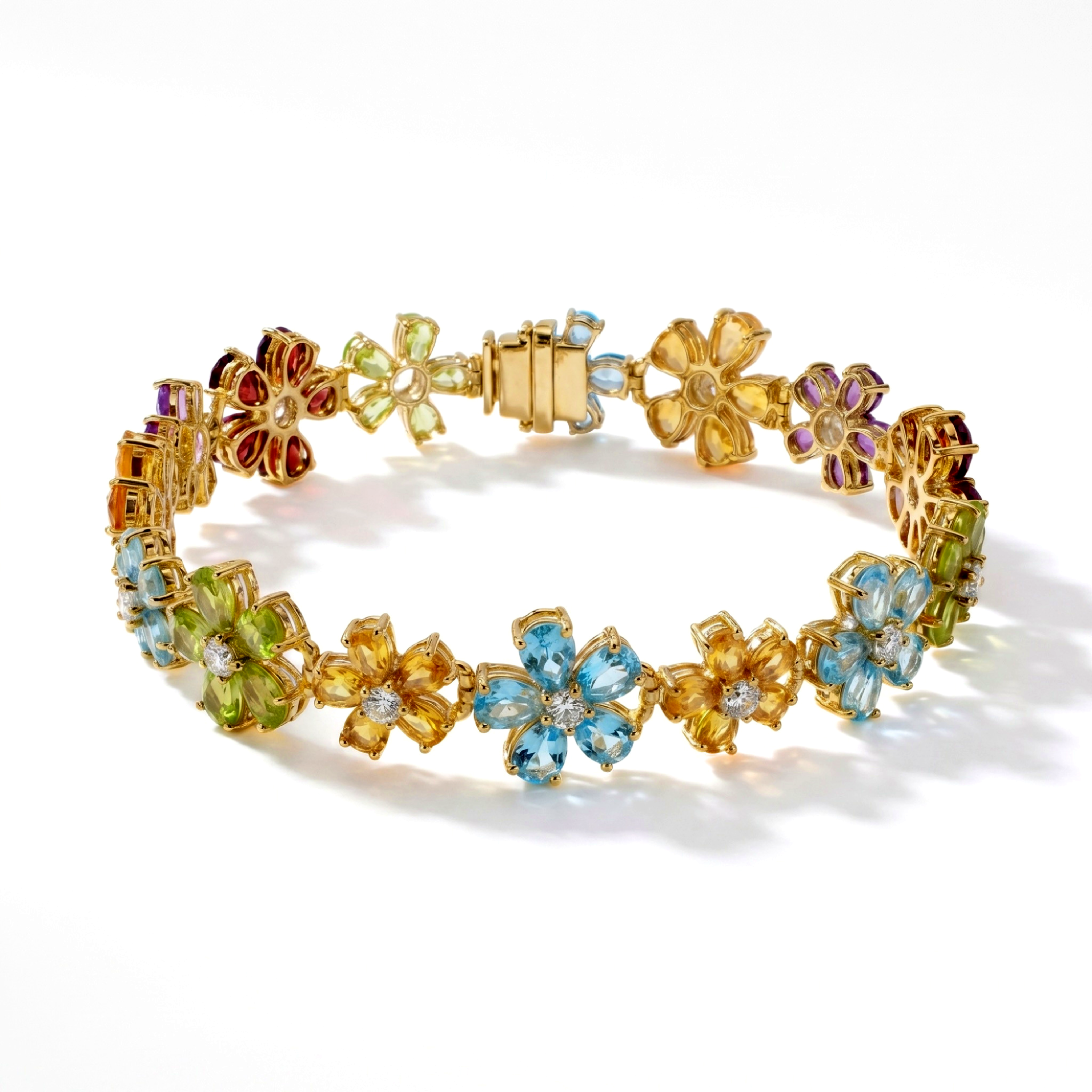 Multi Gemstone Floral Yellow Gold Over Silver Cluster 7.5 inch Bracelet