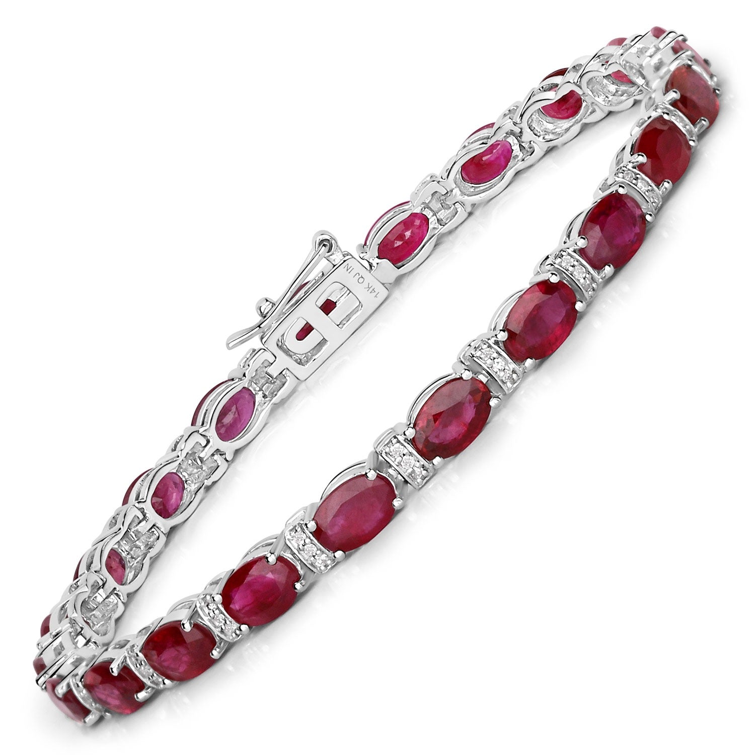 11.67 Ct Oval Ruby and White Diamond Prong 14K White Gold Tennis Bracelet