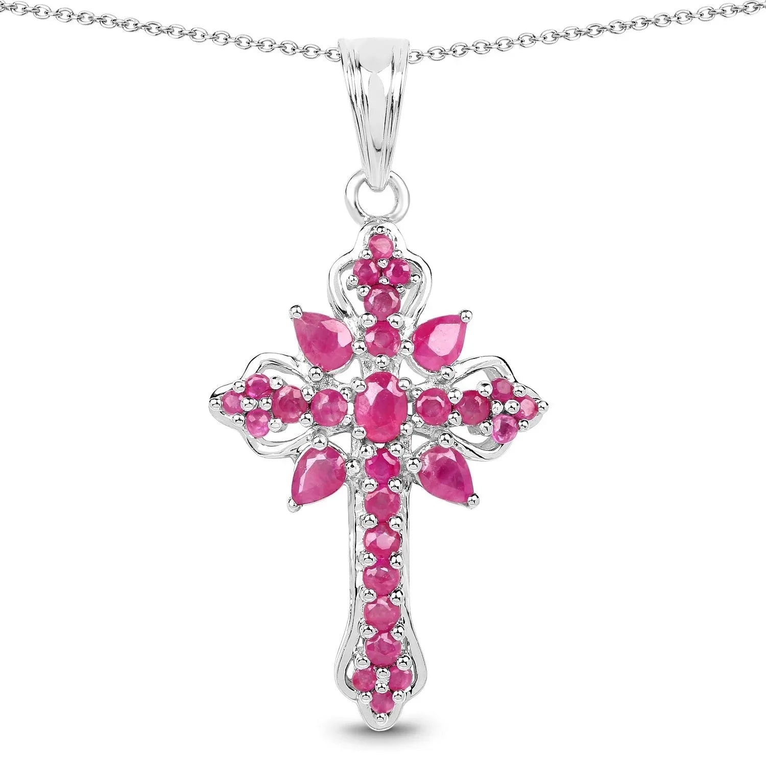 Natural Pink Ruby Cross Necklace