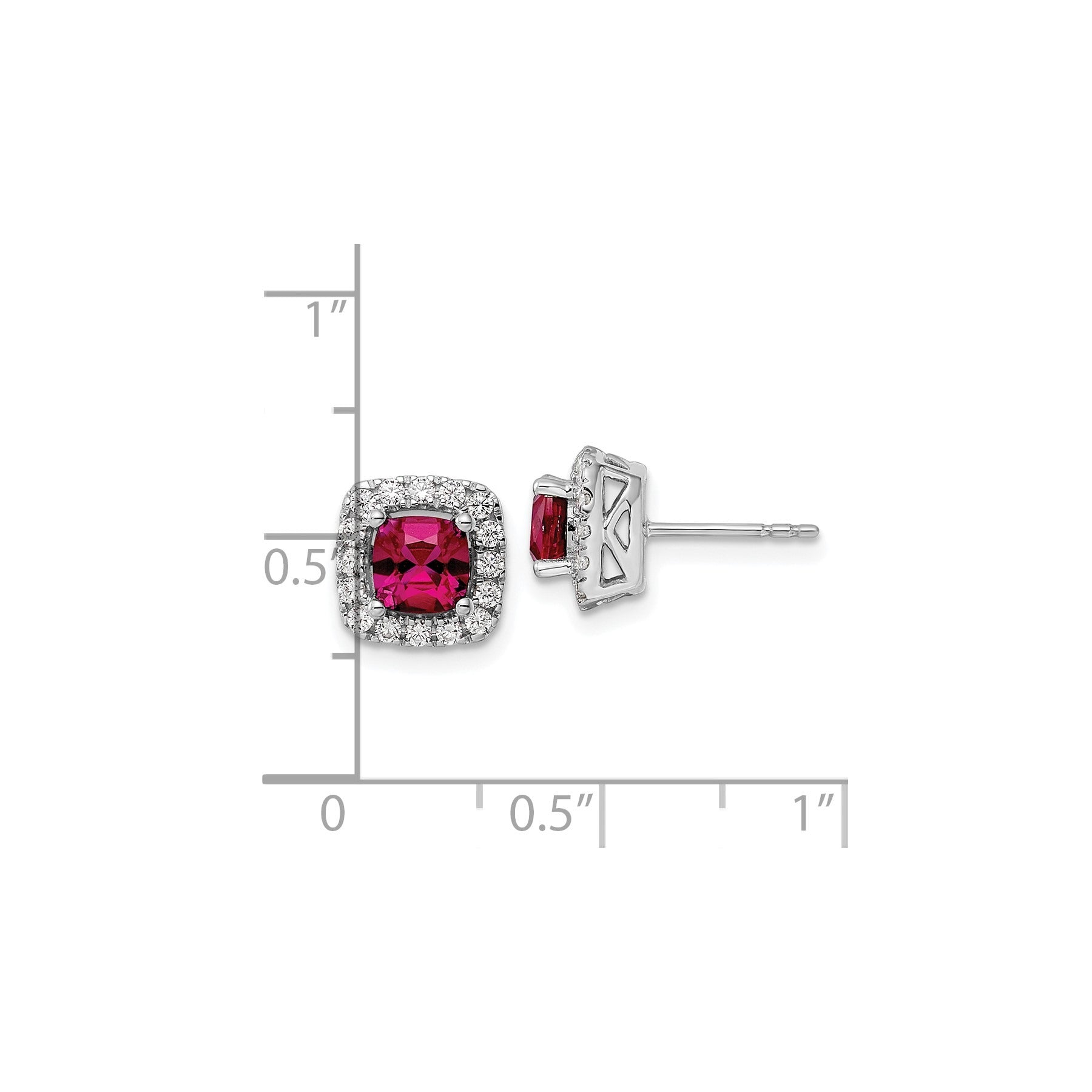 3/8 ct Lab Diamond and Created Ruby Halo Post Earrings 14k White Gold