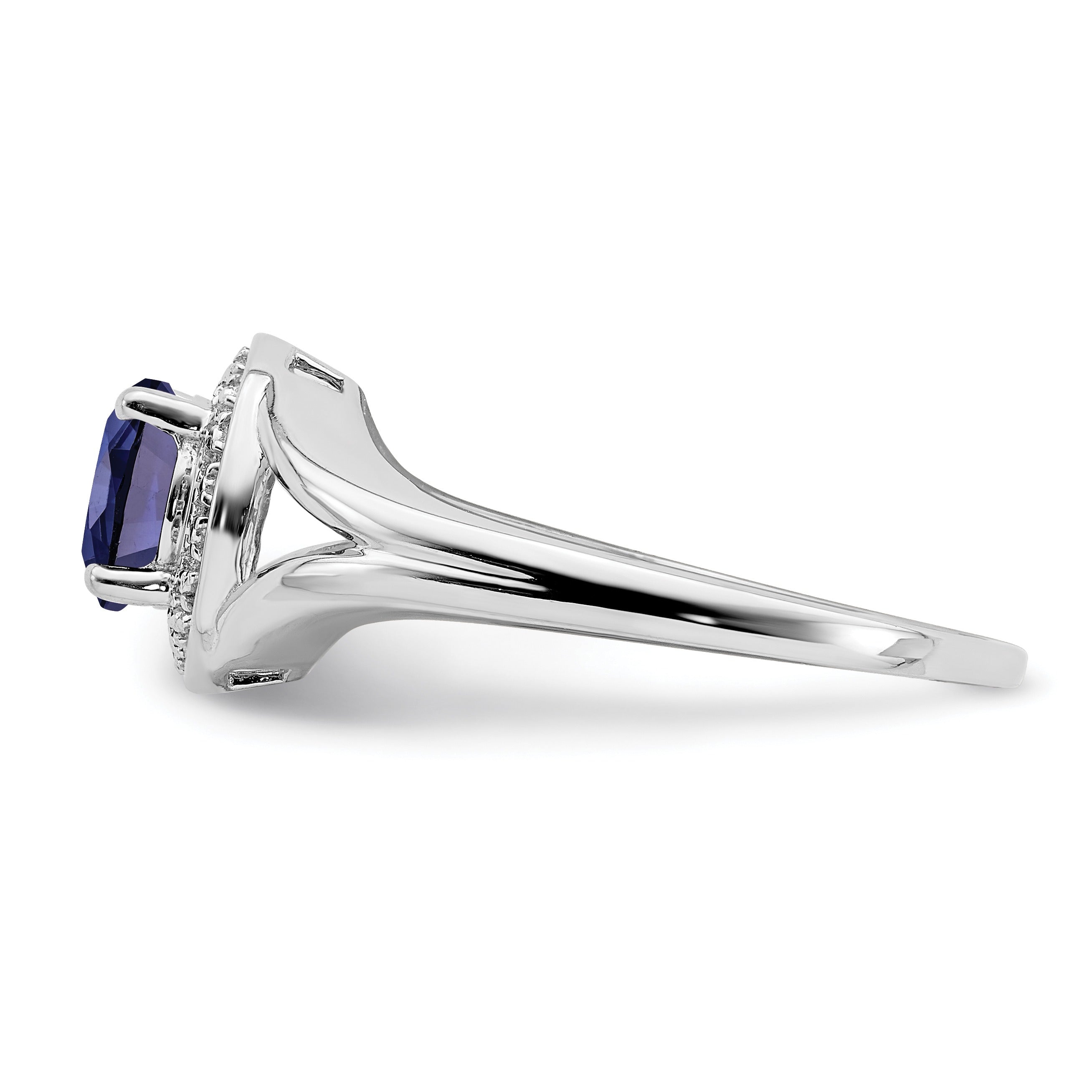 1.05 Ct Created Sapphire & Diamond Prong Rhodium-Plated Sterling Silver Halo Ring