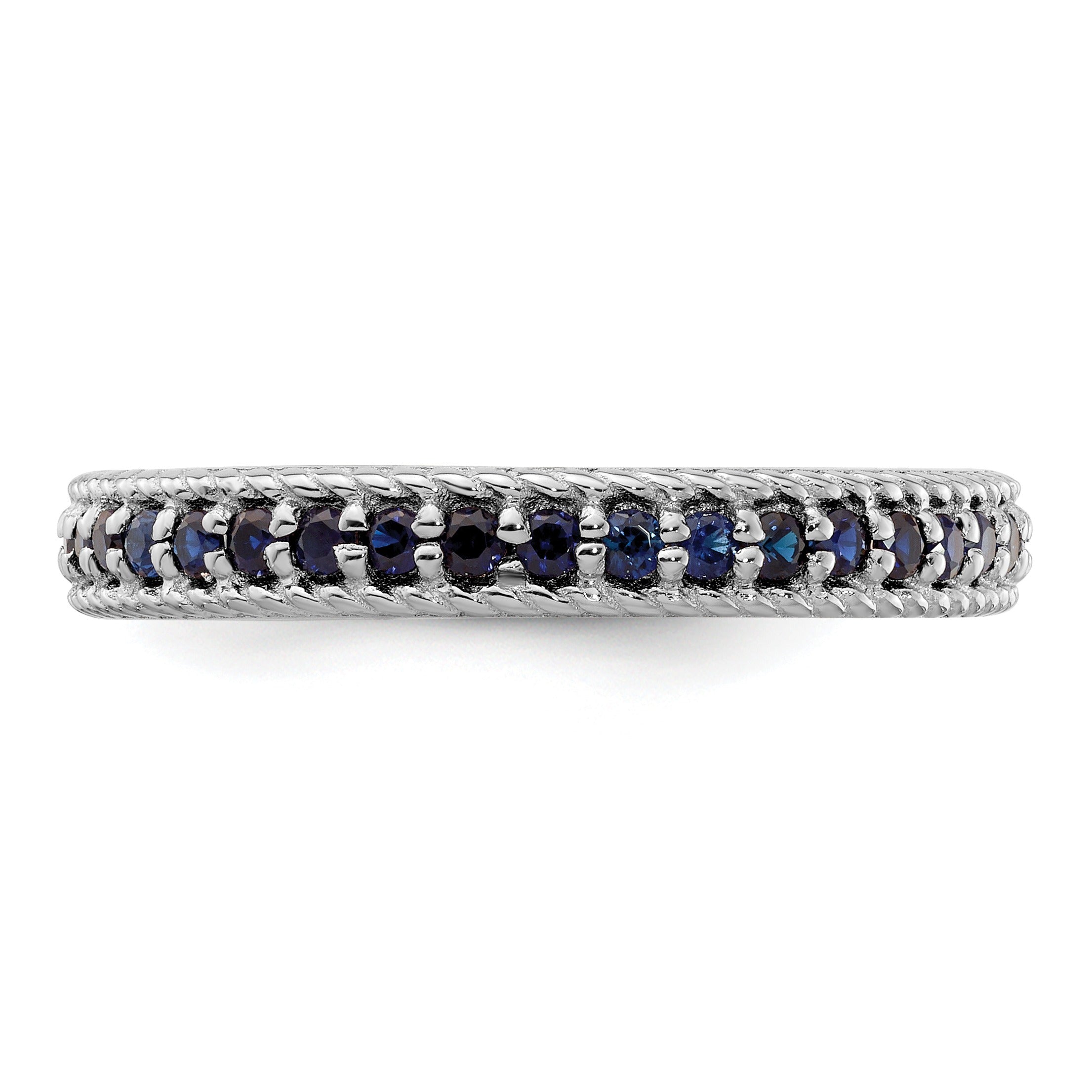 0.74 Ct Round Blue Created Sapphire Rhodium-Plated Silver Stackable Eternity Band Ring