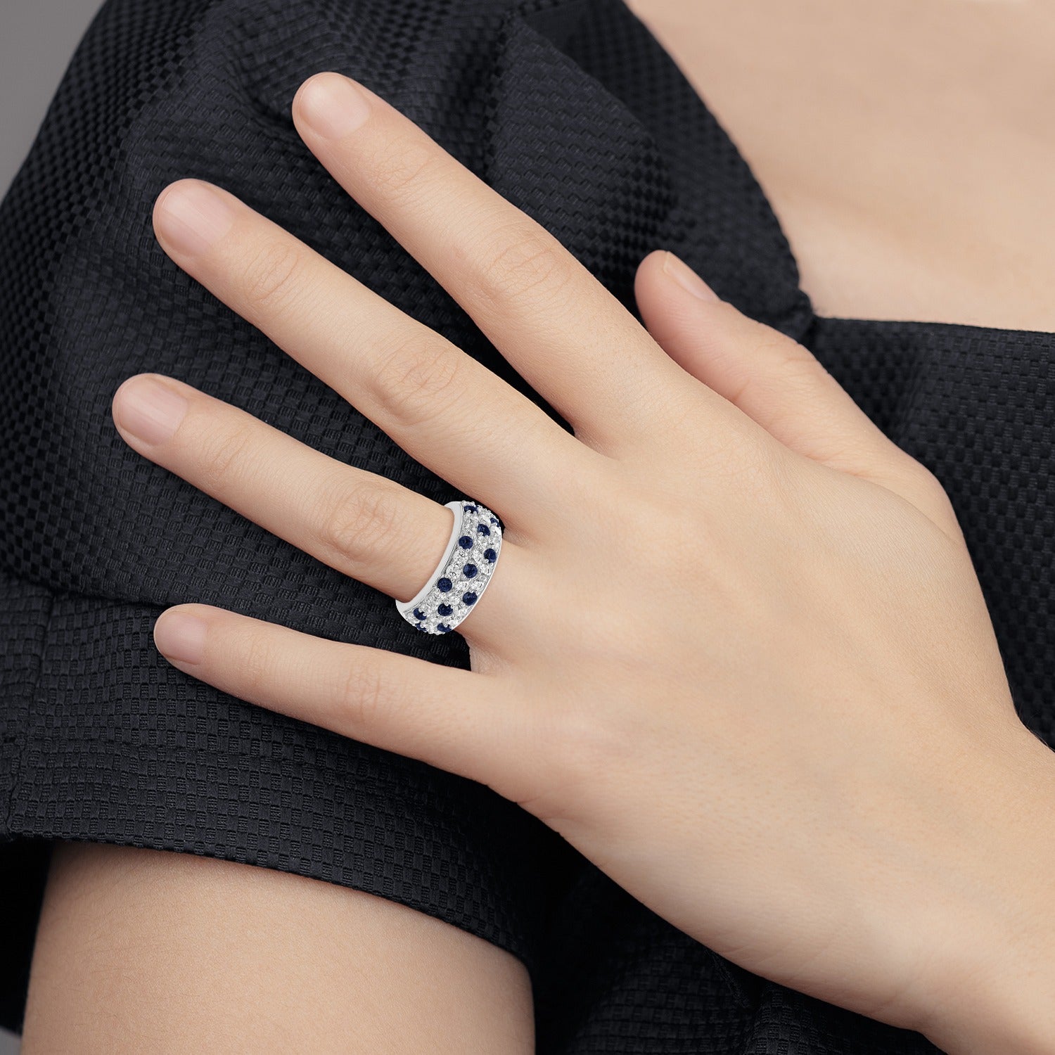 1.44 Ct Round Blue Sapphire & Lab Diamond Pavé 14K White Gold Cocktail Ring