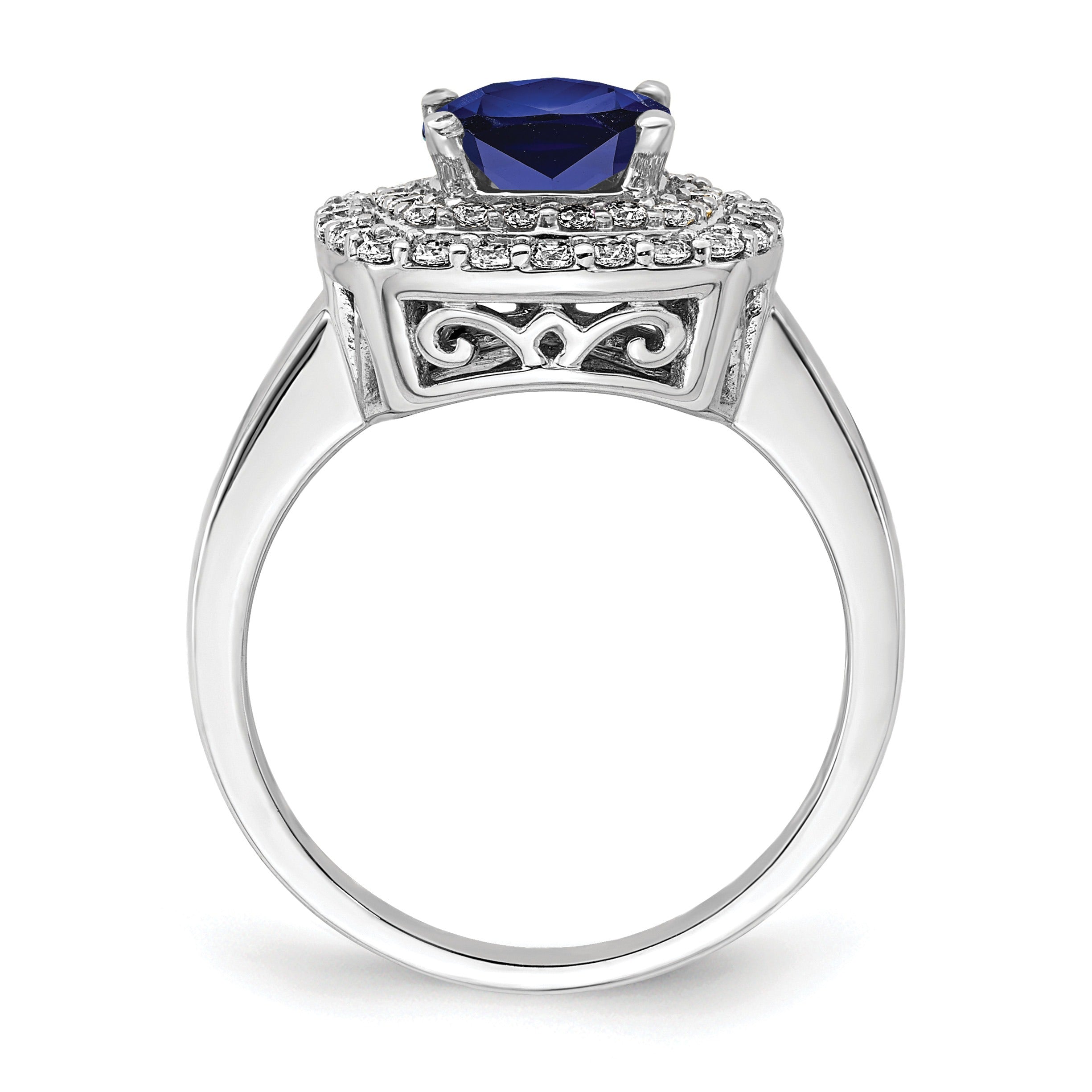 2.31 Ct Cushion Blue Created Sapphire & Lab Diamond Prong 14K White Gold Double Halo Ring