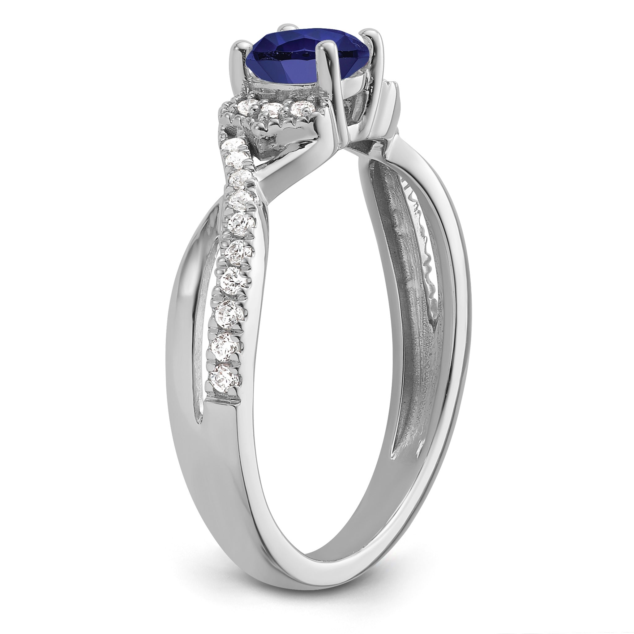 Round Blue Created Sapphire and Lab Diamond Prong 10K White Gold Infinity Twist Promise Pave Ring