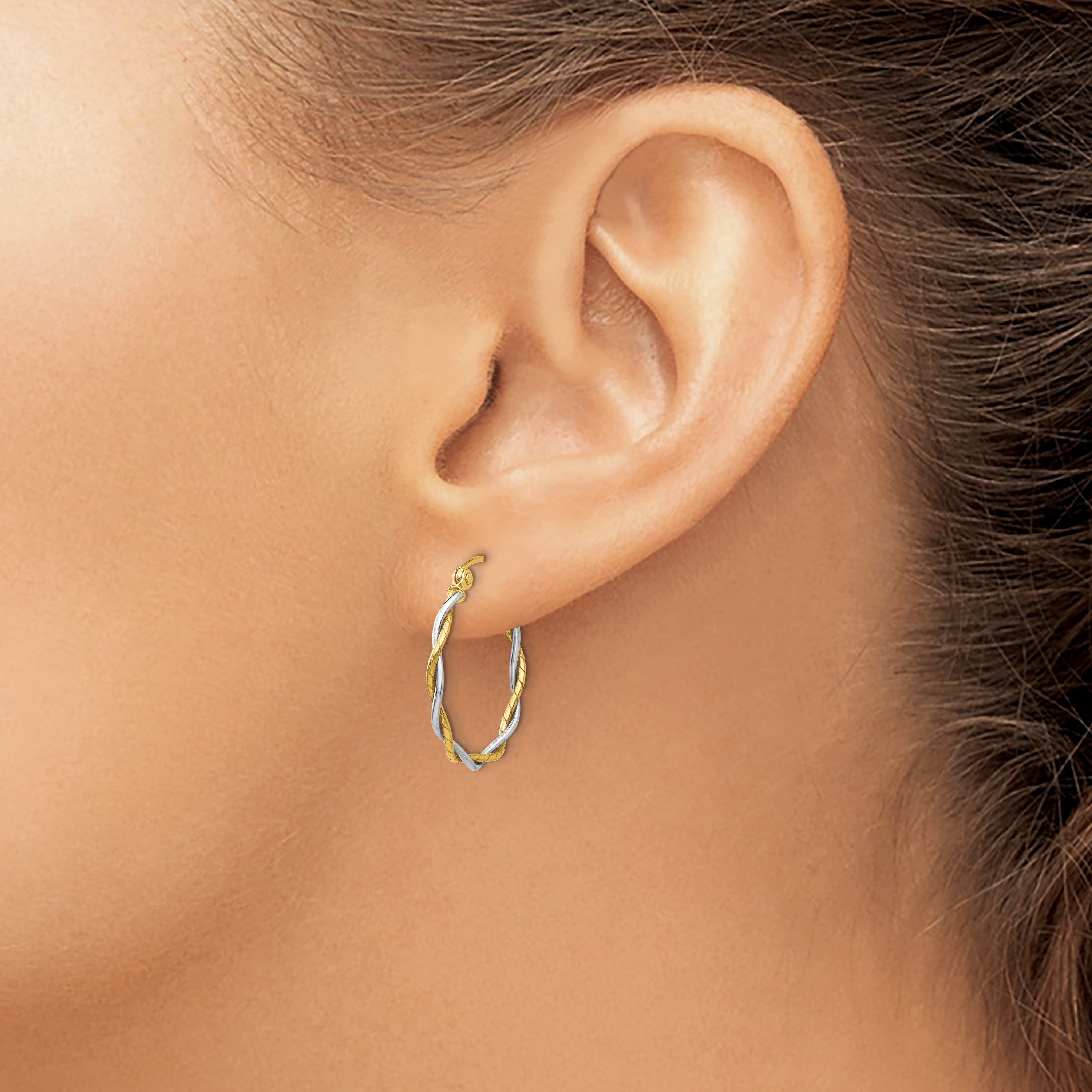 14k Gold Two-tone Twisted Round Hoop Earrings