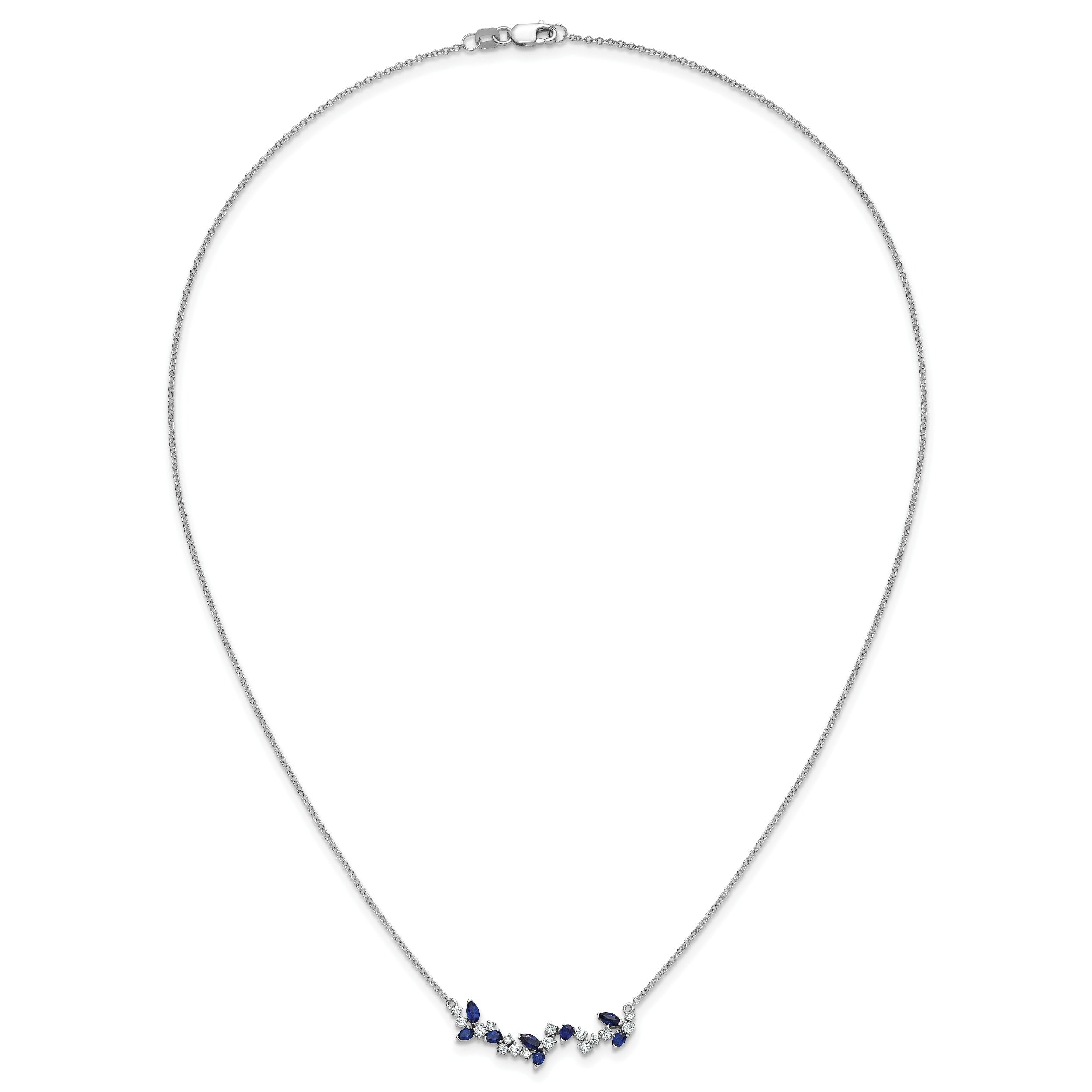 0.95 Ct Marquise Blue Sapphire and Diamond Prong 14k White Gold Floral Bar Necklace