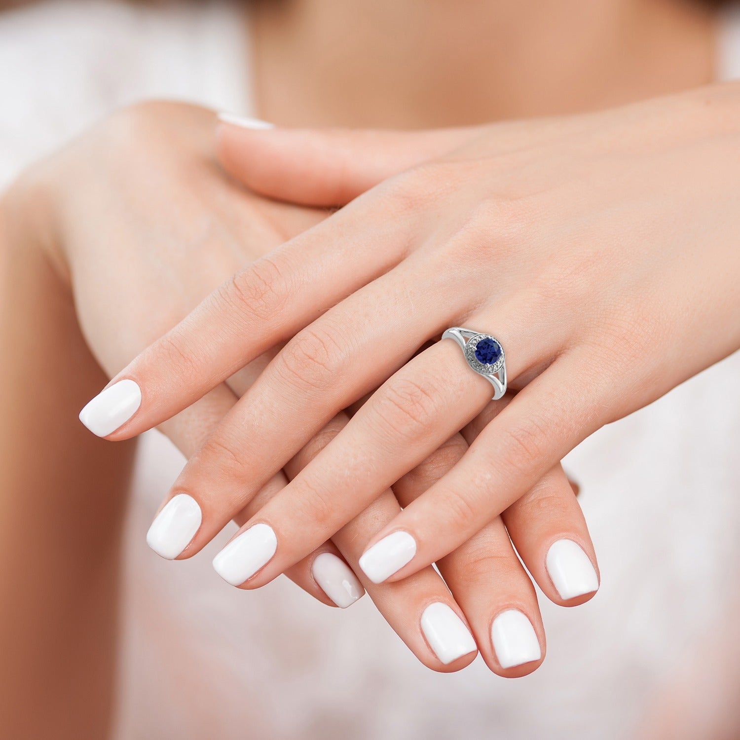 1.05 Ct Created Sapphire & Diamond Prong Rhodium-Plated Sterling Silver Halo Ring