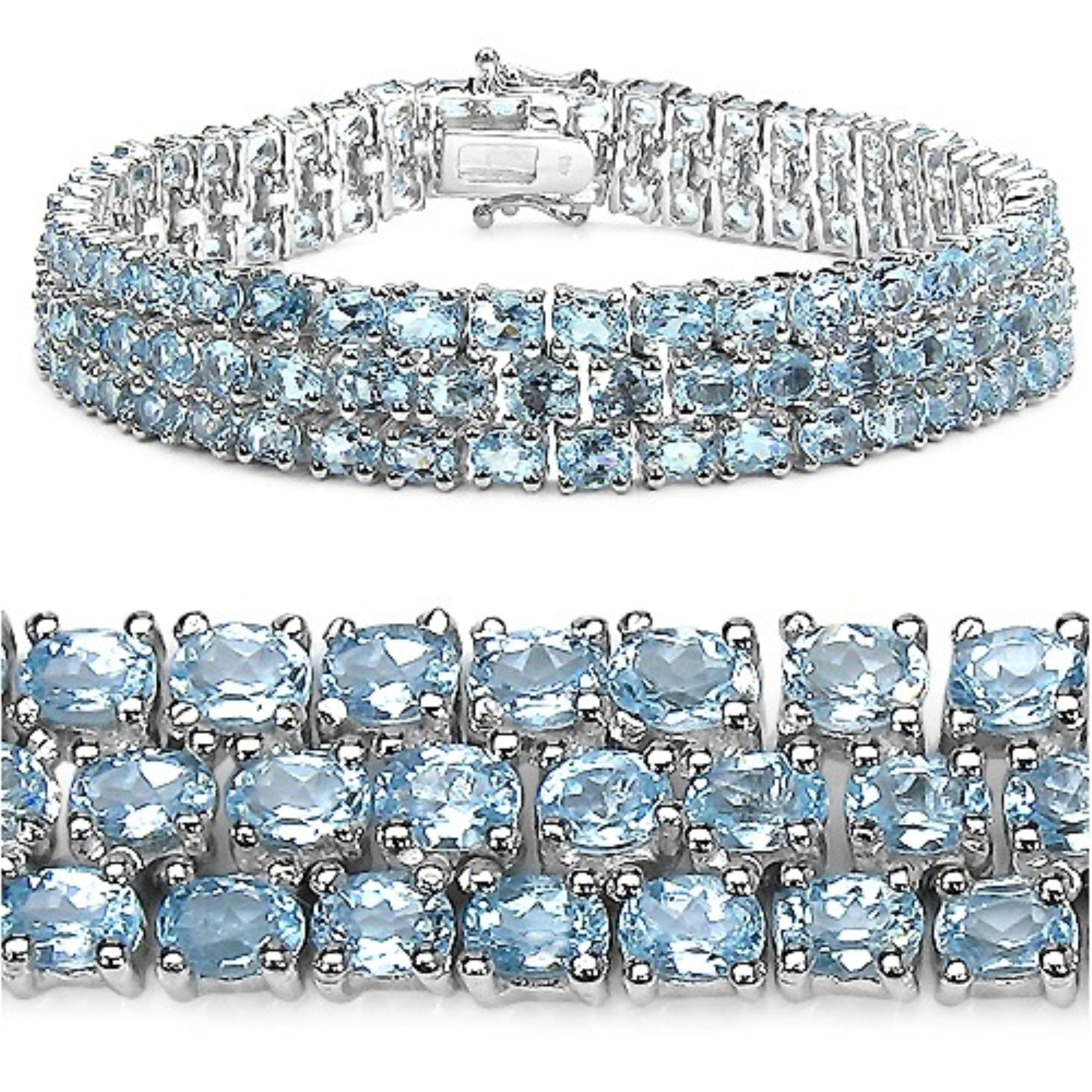 26.20 Ct Oval Blue Topaz Prong Sterling Silver Triple Row Tennis Bracelet