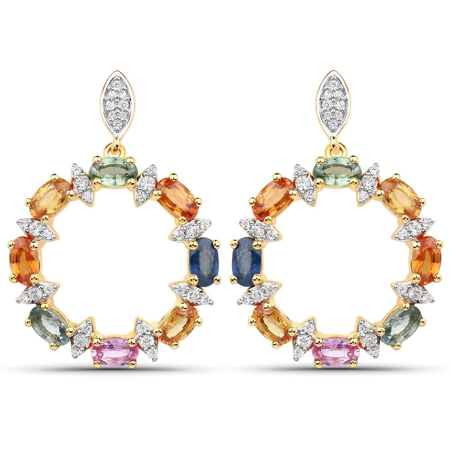 4.12 Carat Genuine Multi Sapphire 22K Yellow Gold Over Silver Dangle Earrings