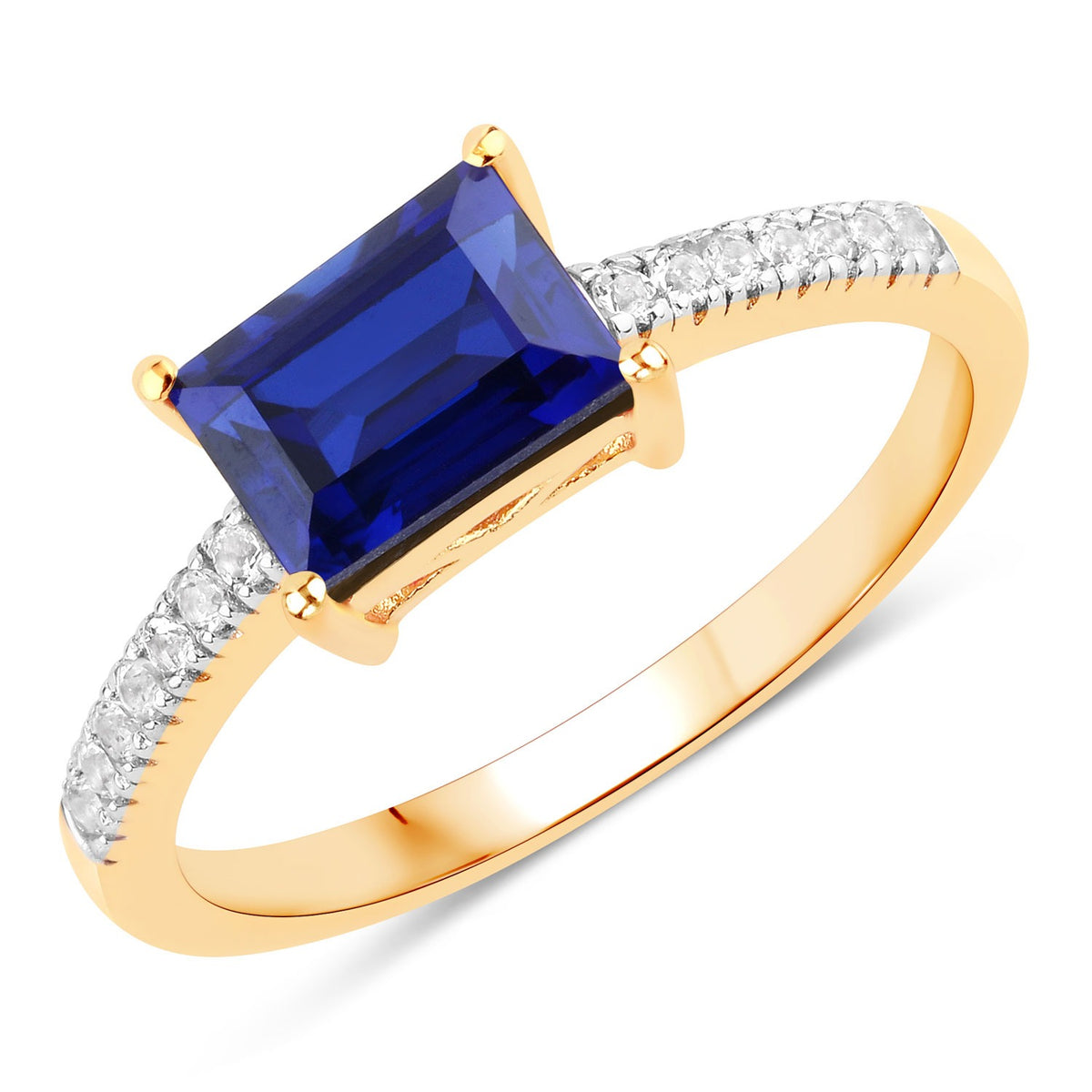 1.62 Cttw Baguette Blue Created Sapphire 18K Yellow Gold over Silver Bridge Ring