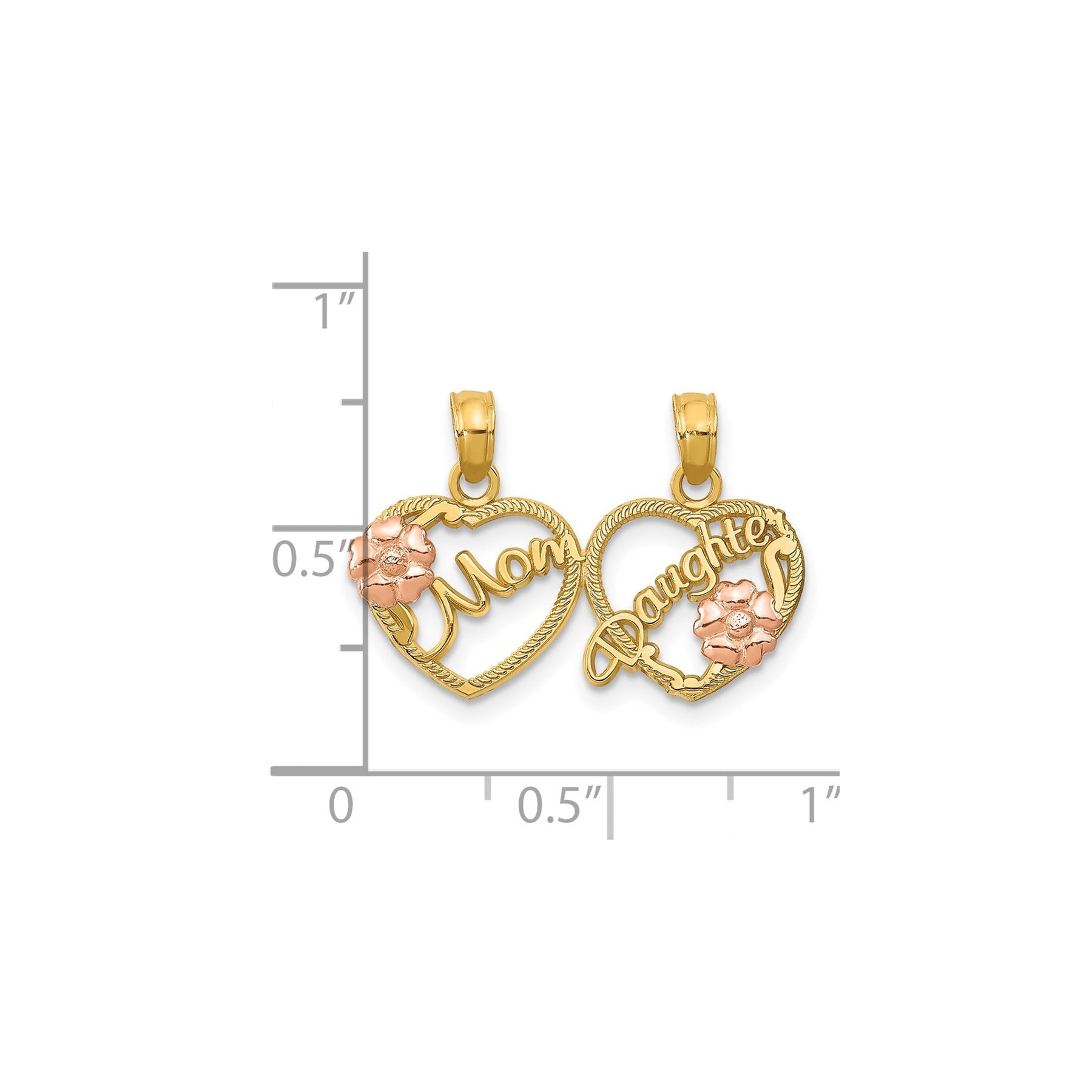 Gold heart-shaped Mom and Daughter pendant set with rose accents, Fine Color Jewels jewelry.