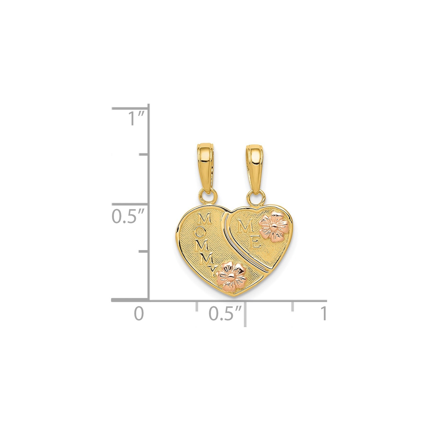 Gold heart pendant with 'Mommy' and 'Me' engraving, pink flower accents, size chart background