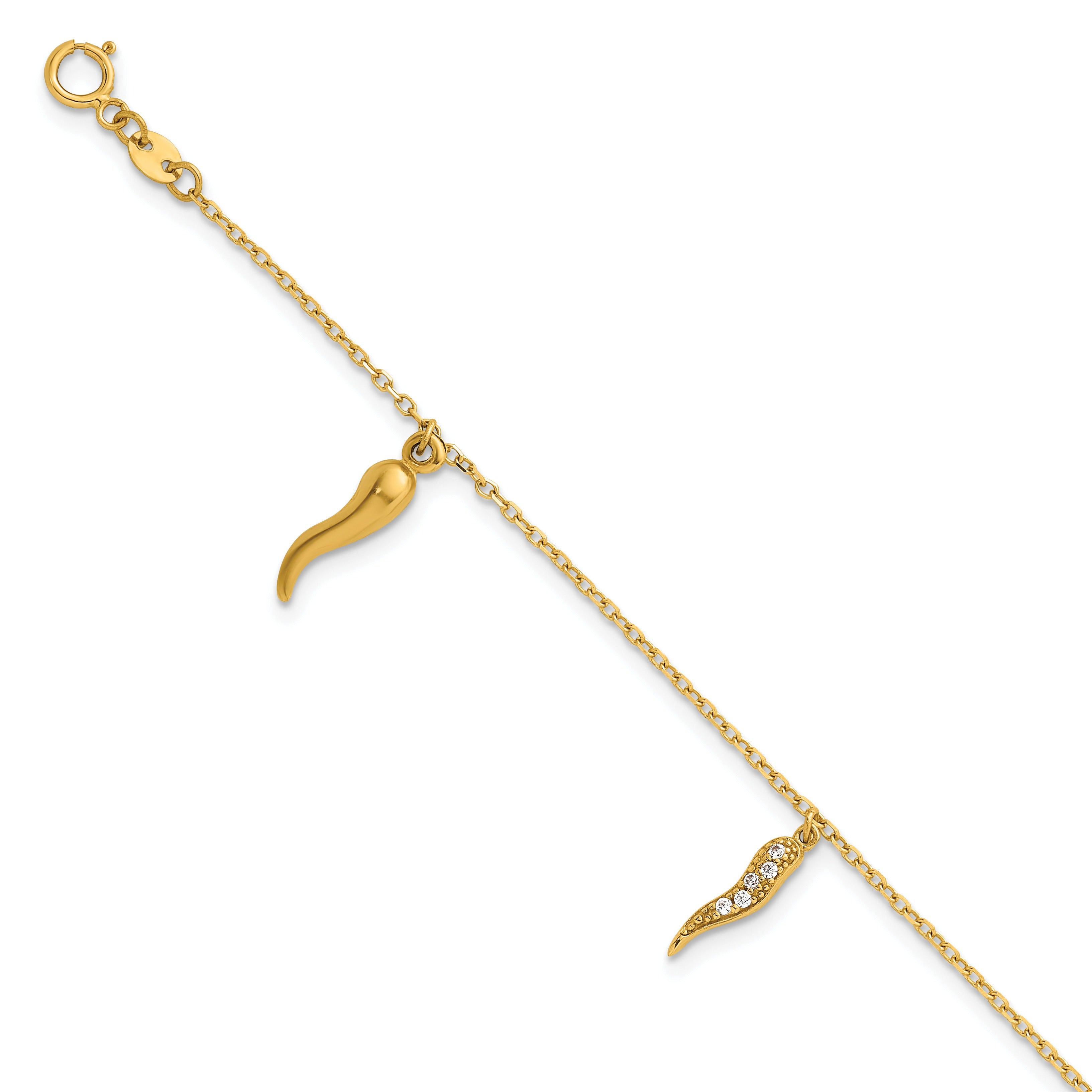 14k Yellow Gold CZ Three Italian Horn Dangles Bracelet