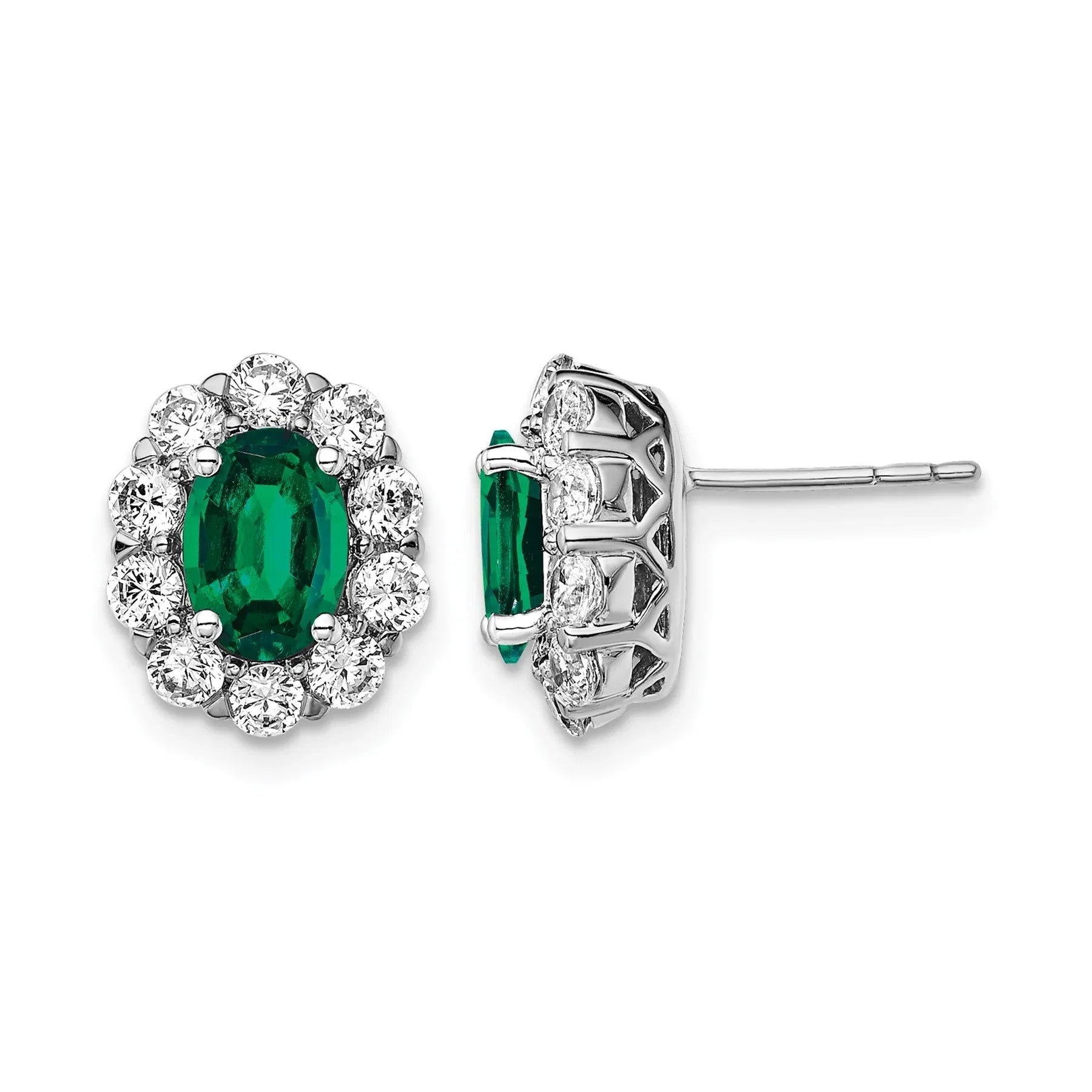 14k Gold Lab Grown Diamond Oval Emerald Halo Studs Earrings - Fine Color Jewels