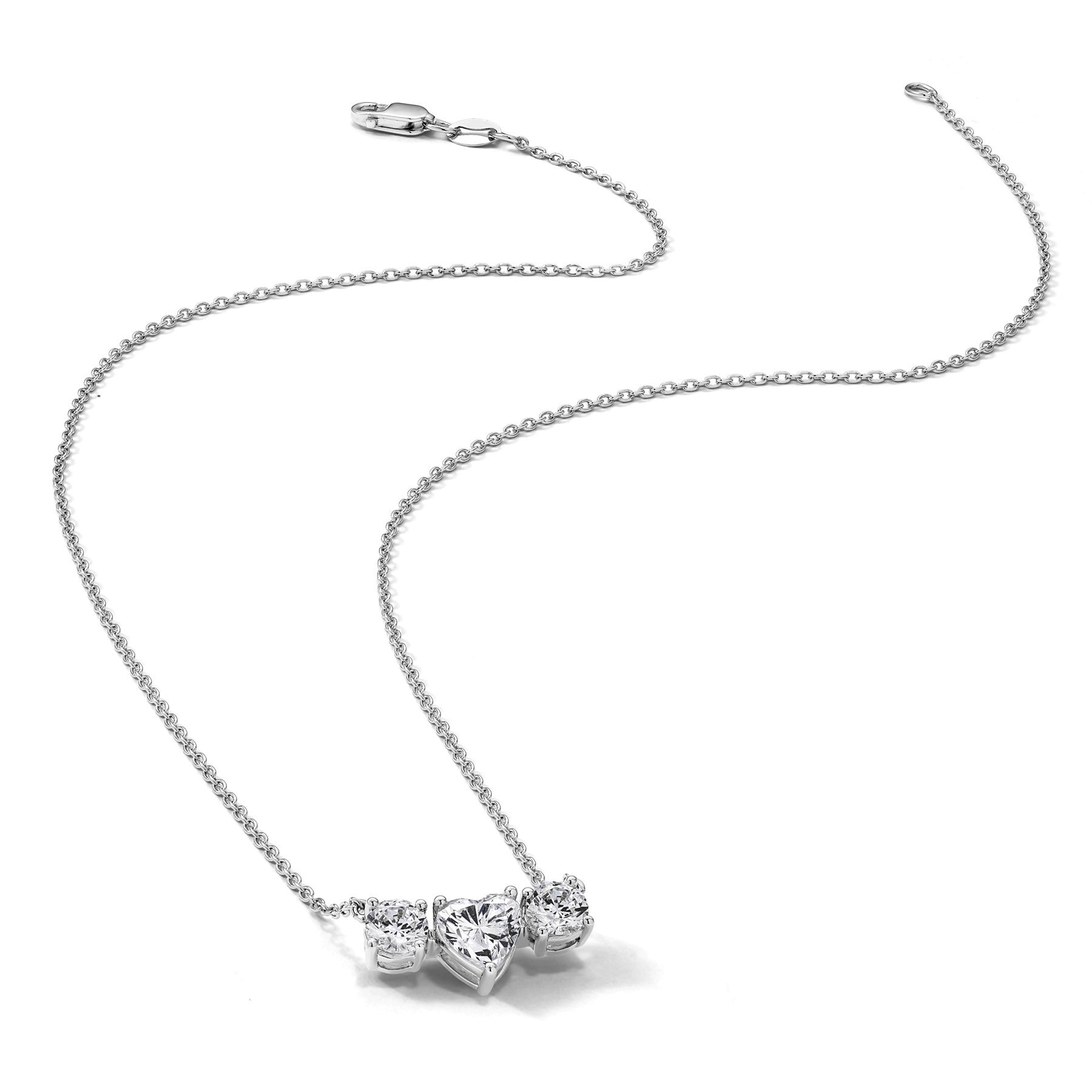 14k White Gold Lab Grown Diamond Three Stone Heart Bar Necklace 1 3/8 ctw