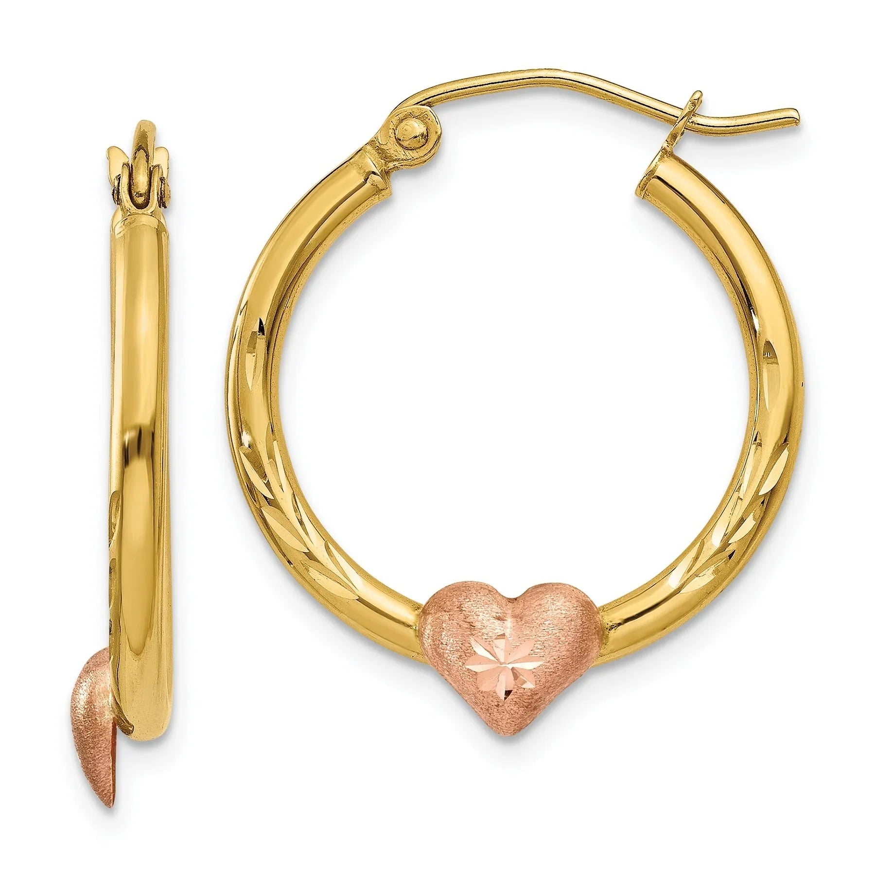 14K Gold and Rose Heart Hoop Earrings