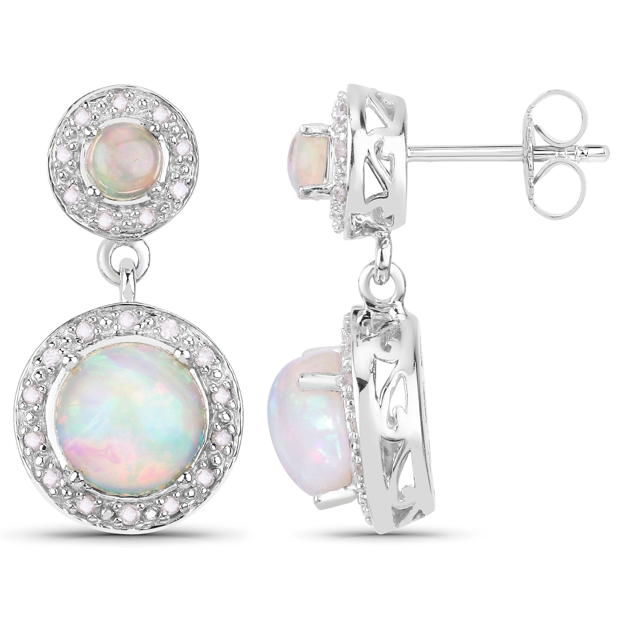 2.27 Ct Round White Ethiopian Opal and Diamond Prong Silver Halo Dangle Earrings