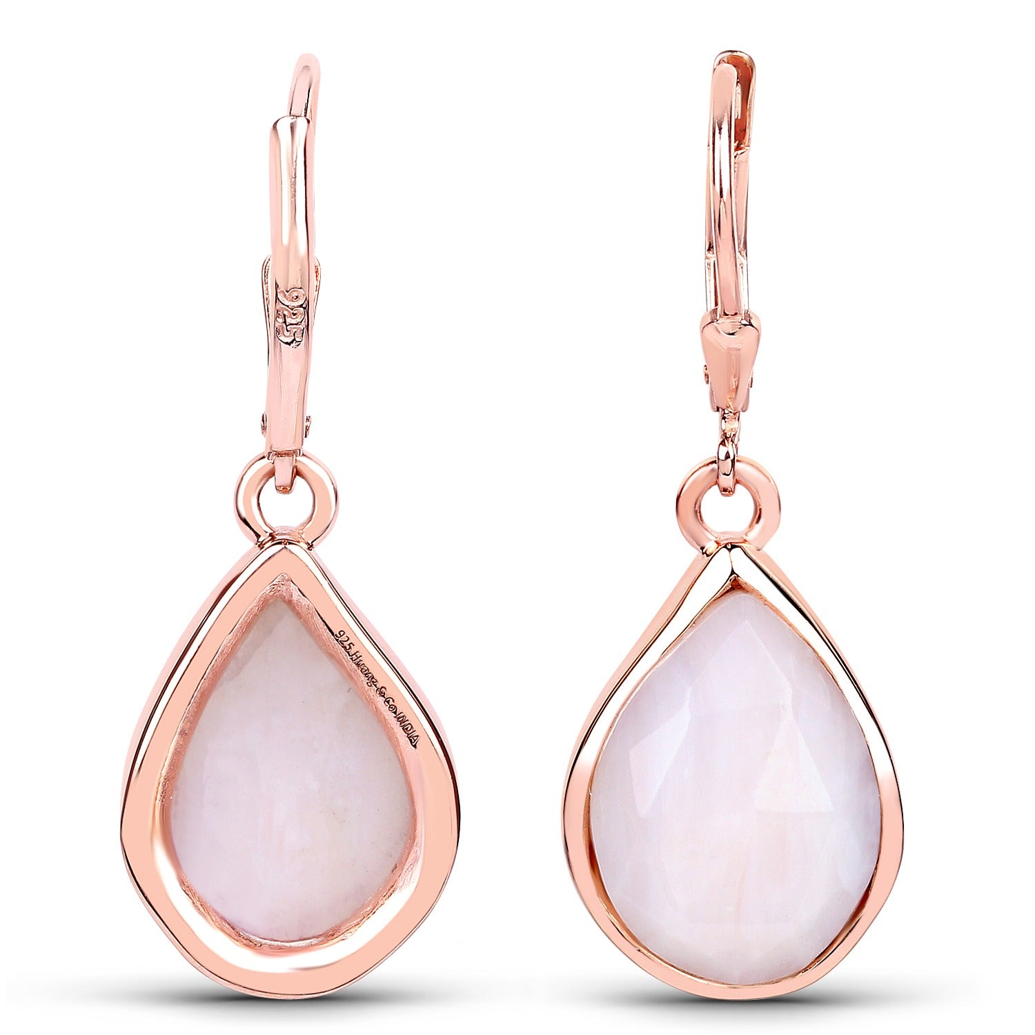 7.60 Ct Pink Pear Shaped Opal Bezel 18K Rose Gold Plated Silver Dangle Teardrop Earrings