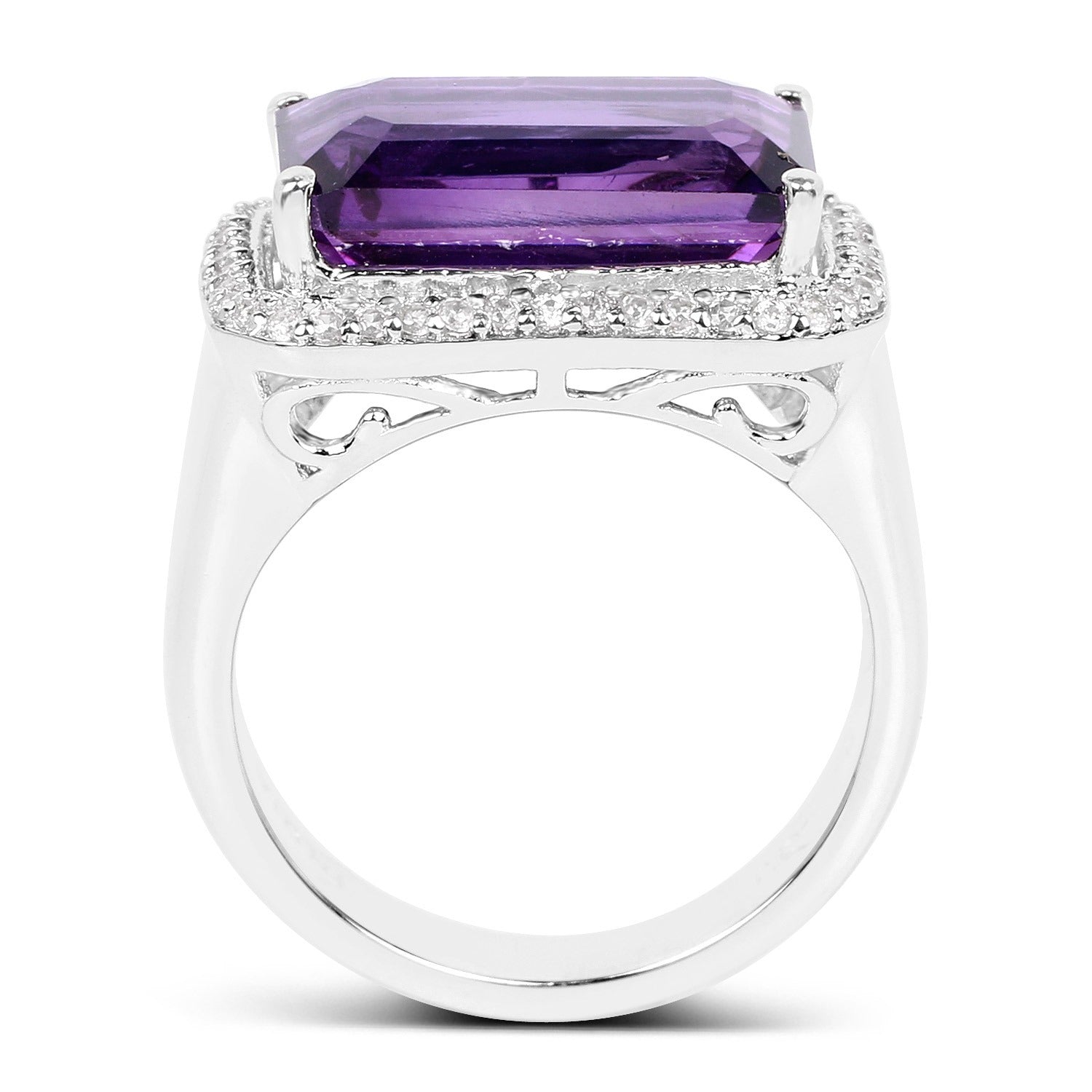 5.51 Ct Octagon Purple Amethyst and White Zircon Prong Silver Halo Statement Ring