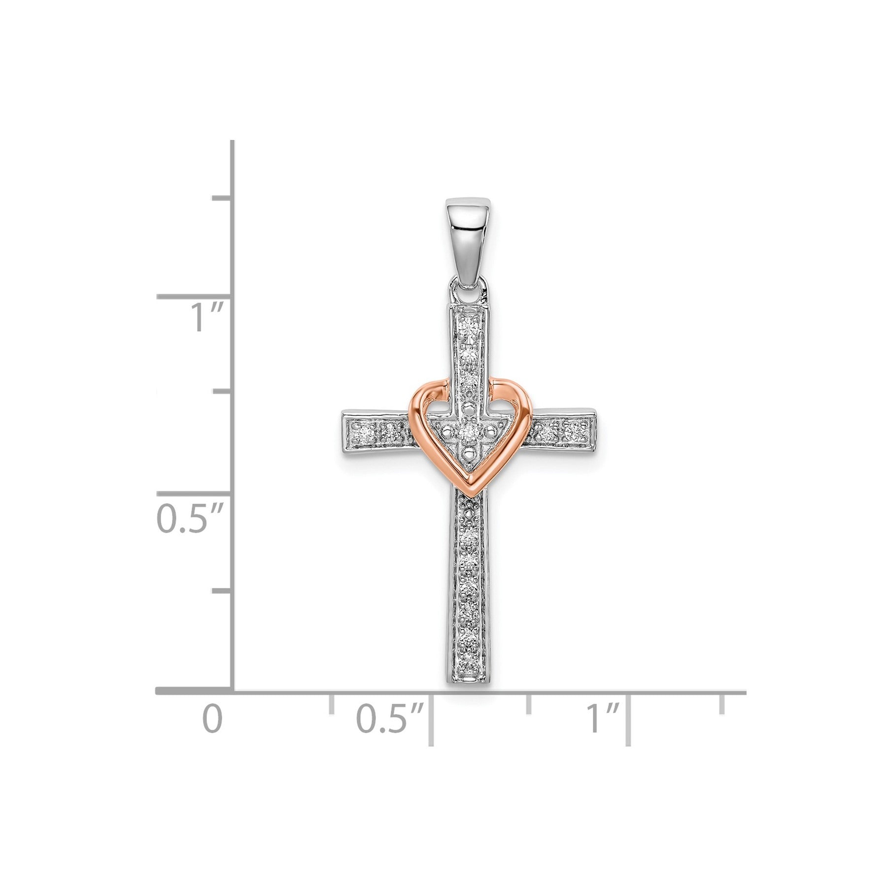 14k Two Tone Rose and White Gold Lab Grown Diamond Cross with Heart Pendant