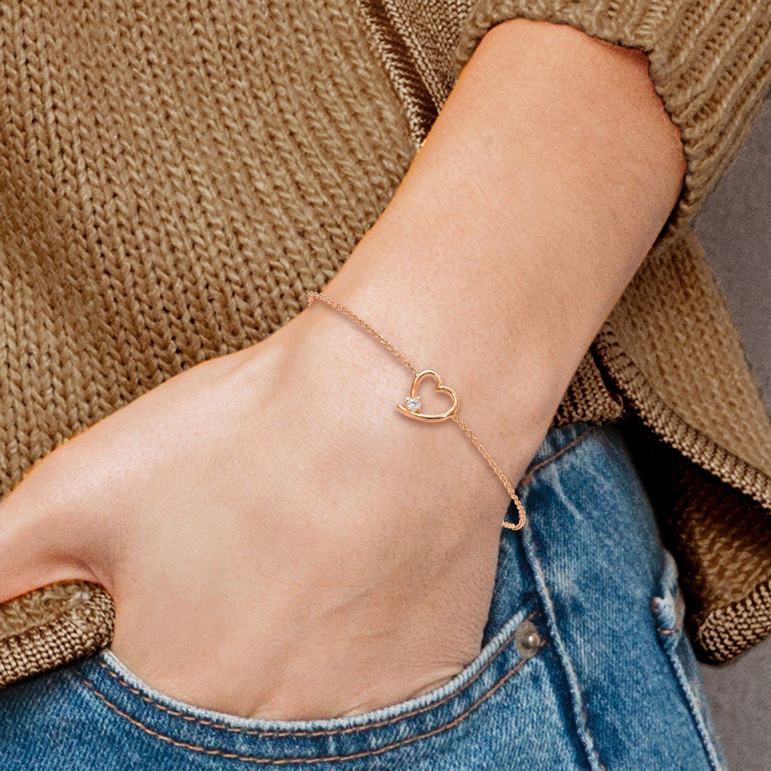 CZ Silver Rose Gold-plated Open Heart Adjustable Bracelet