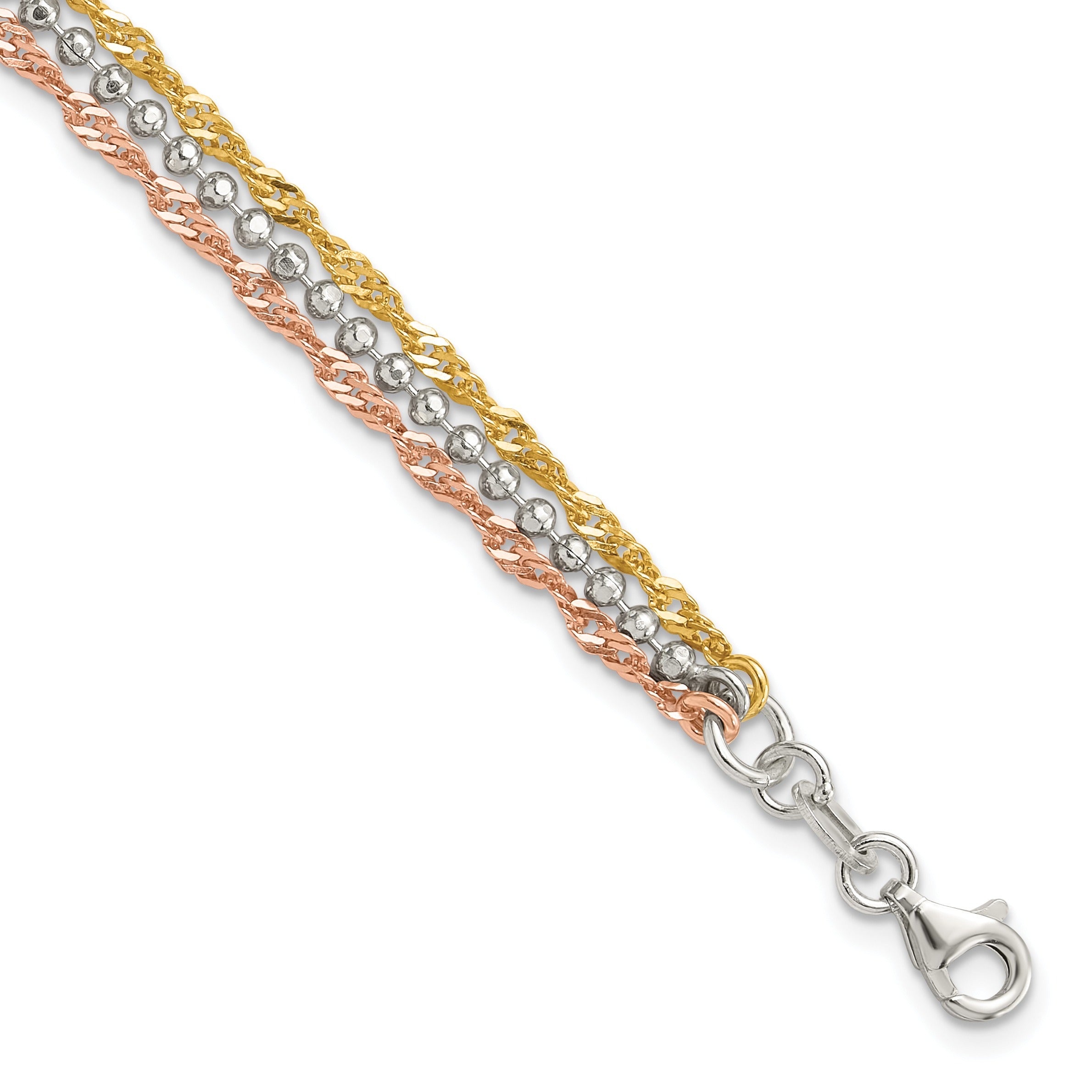 Silver Gold-tone and Rose Tone 3 Strand Unisex Chain Bracelet