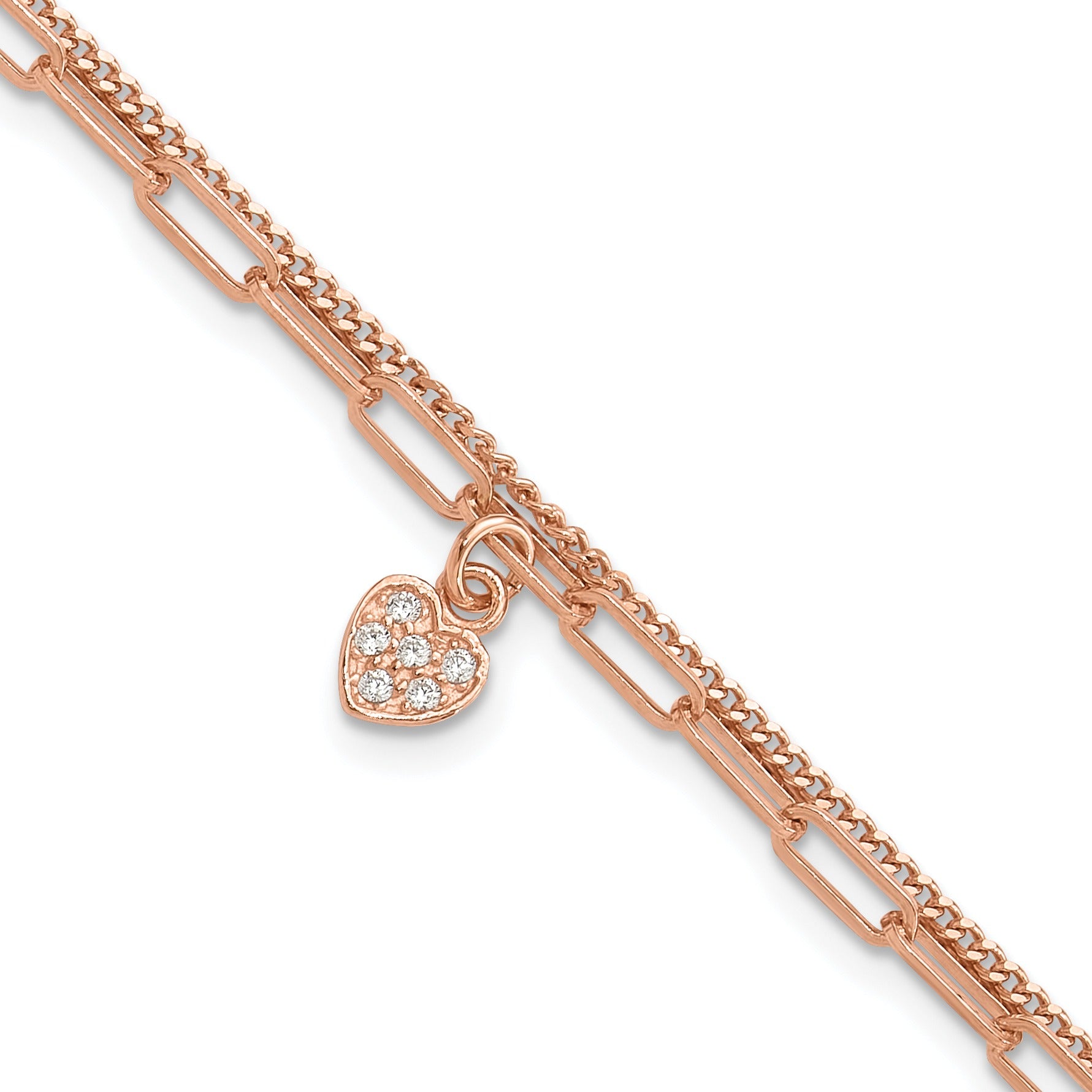 Cubic Zirconia Rose Gold Over Silver Heart Unisex Link Bracelet
